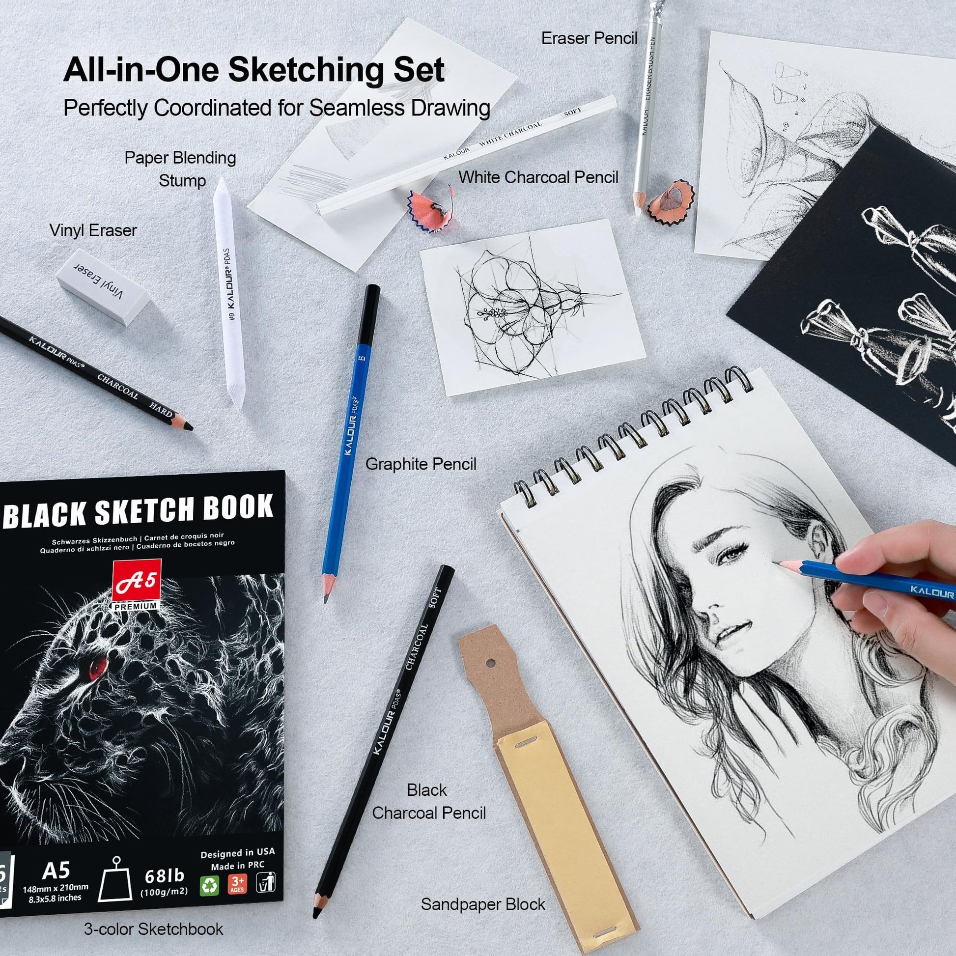 KALOUR 154PCS Artists Art Supplies - Drawing Kit with 6 Sketchbook,Tutorial,Coloring Paper