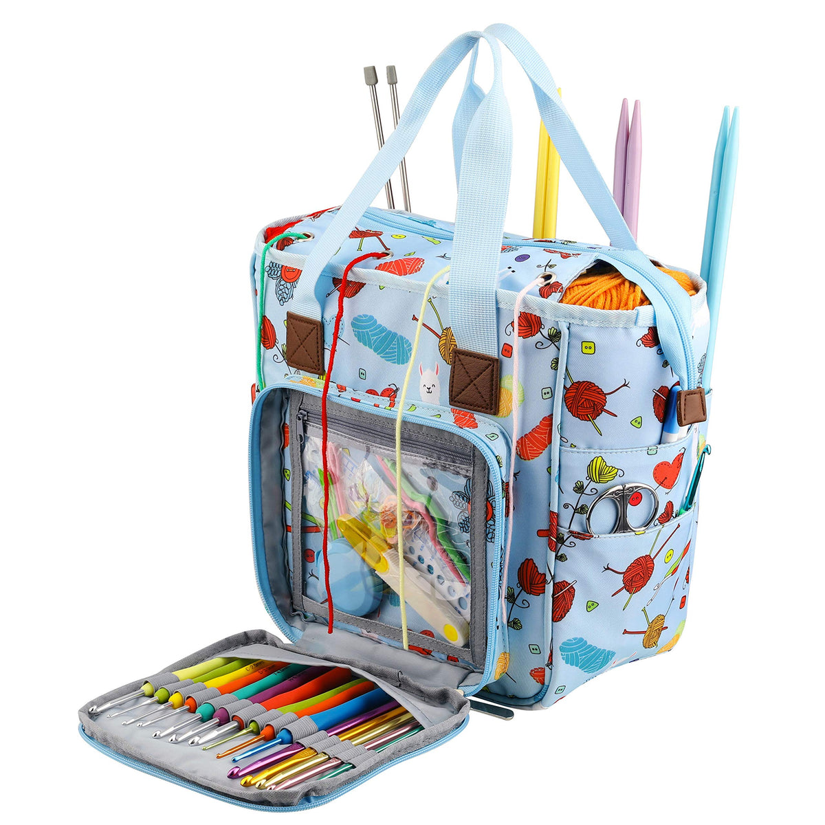 KOKNIT Knitting Tote Bag, Portable Carry on Knitting Crochet Yarn Storage Bag with Pockets