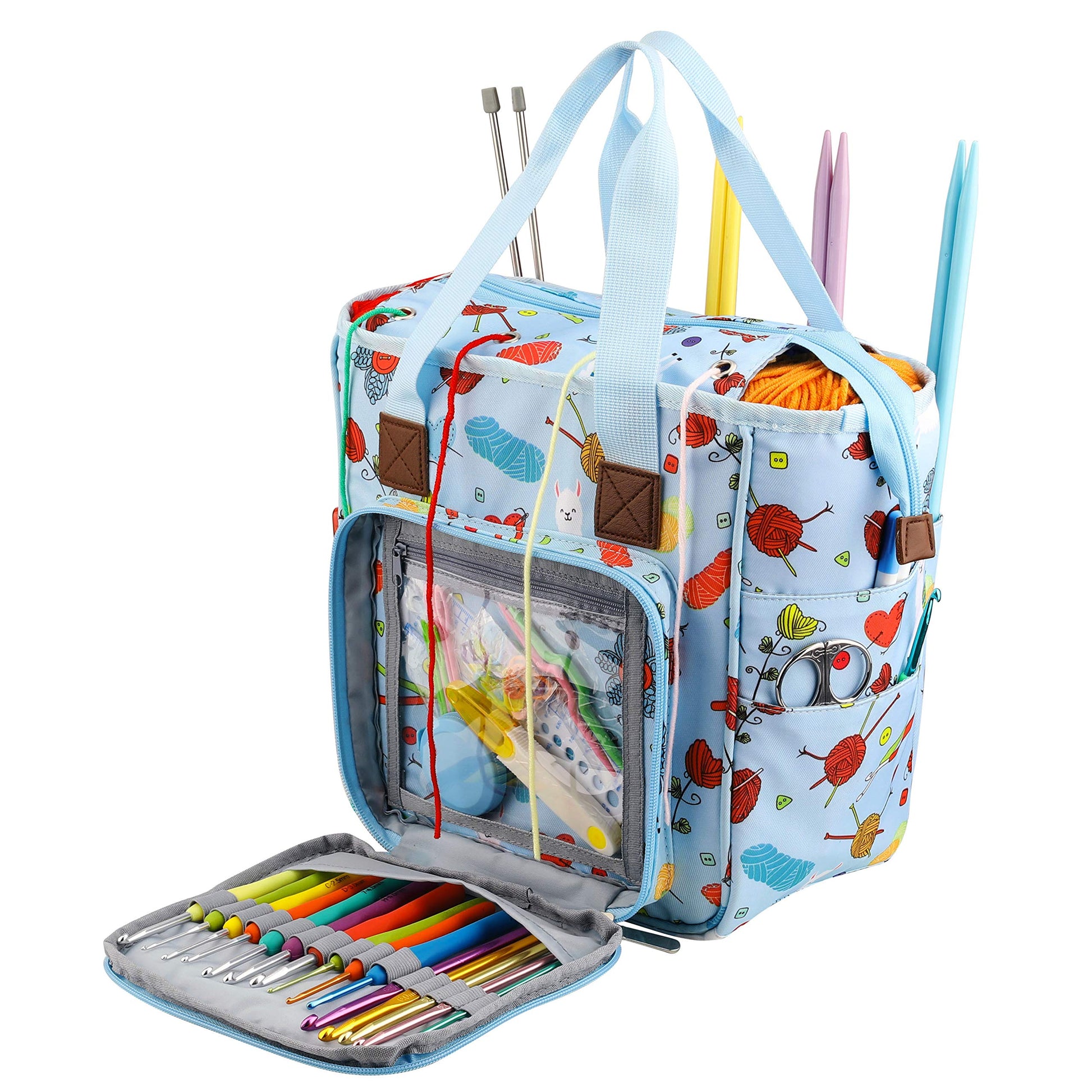 KOKNIT Knitting Tote Bag, Portable Carry on Knitting Crochet Yarn Storage Bag with Pockets