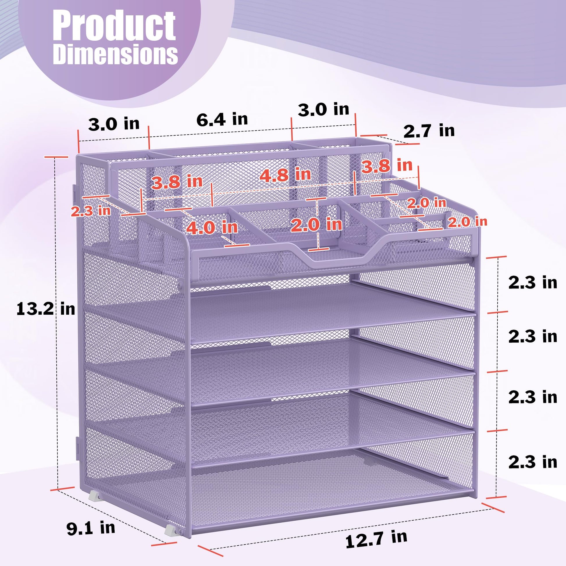 Docnest 5 Tier Mesh Desk Organizer with Letter Tray & Paper Sorter, Purple