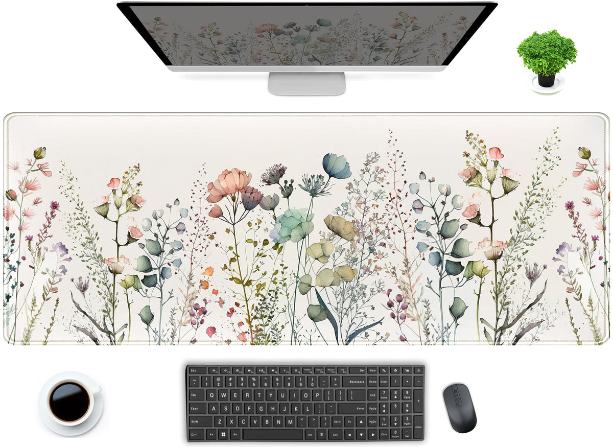 Cute Wild Flower Desk Mat, Boho Aesthetic XL Large Extended Gaming Mouse Pad Desk Pad with Stitched