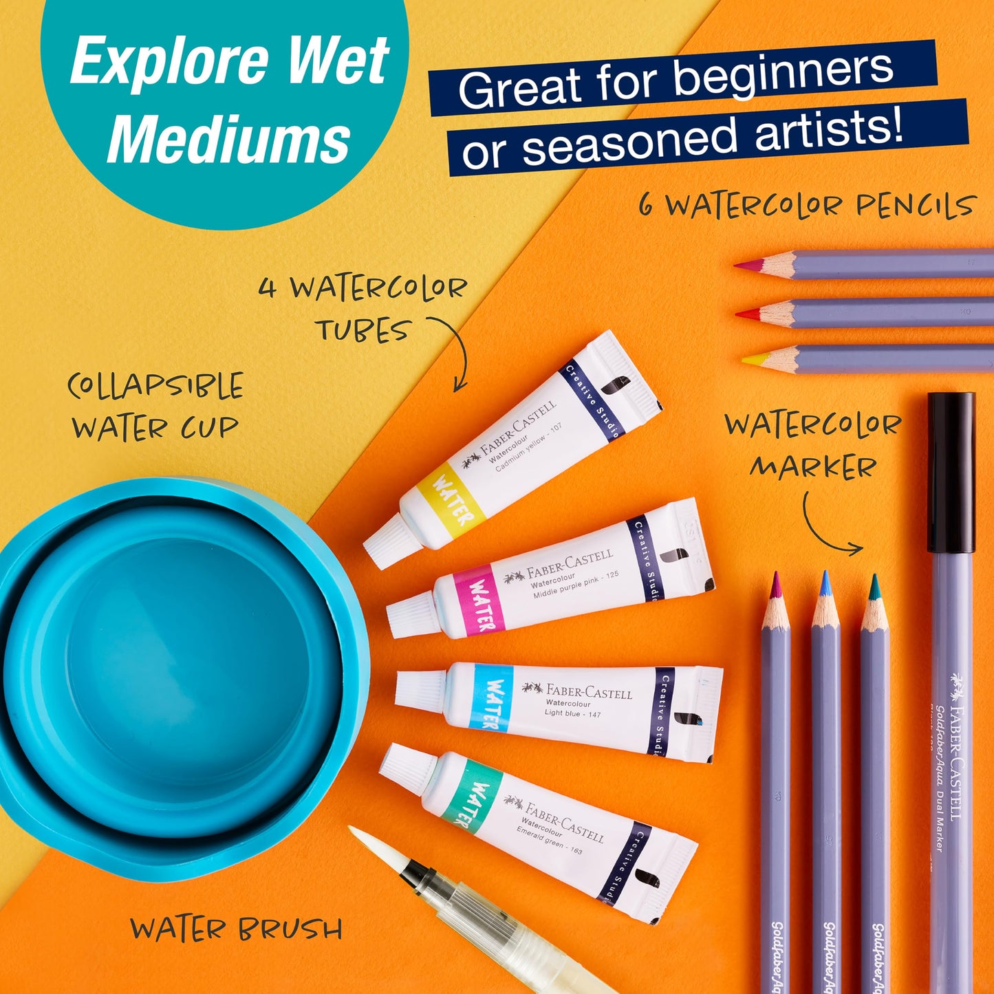 Faber-Castell Try It Box: Wet Mediums, 13 Piece Watercolor Art Set including Watercolor Pencils &