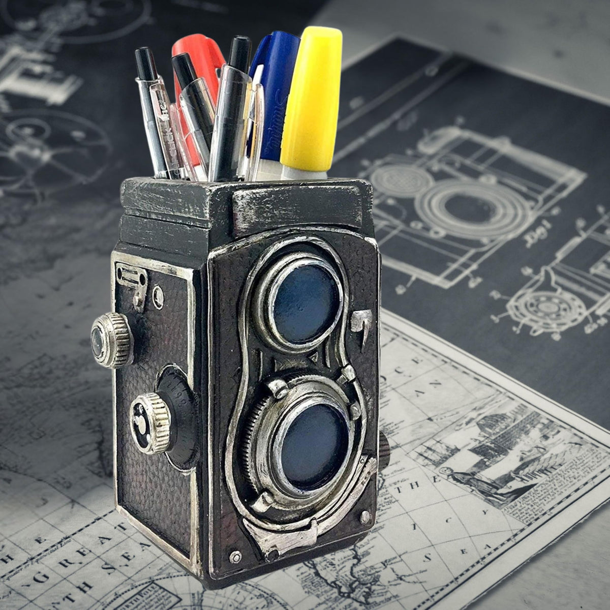 Bellaa Camera Pen Pencil Holder Vintage Retro Antique Style Shabby Chic Desk Organizer Office
