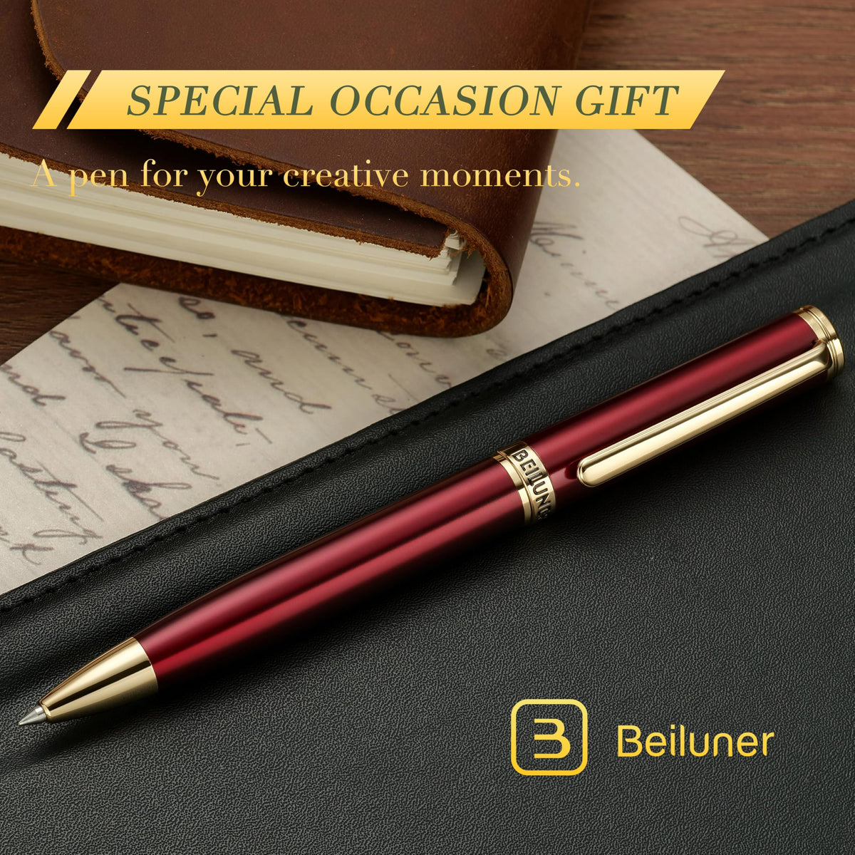 BEILUNER Red Lacquer Gel Pen With 24K Gold Finish, Retractable Pens, Gift Pen Set, Professional
