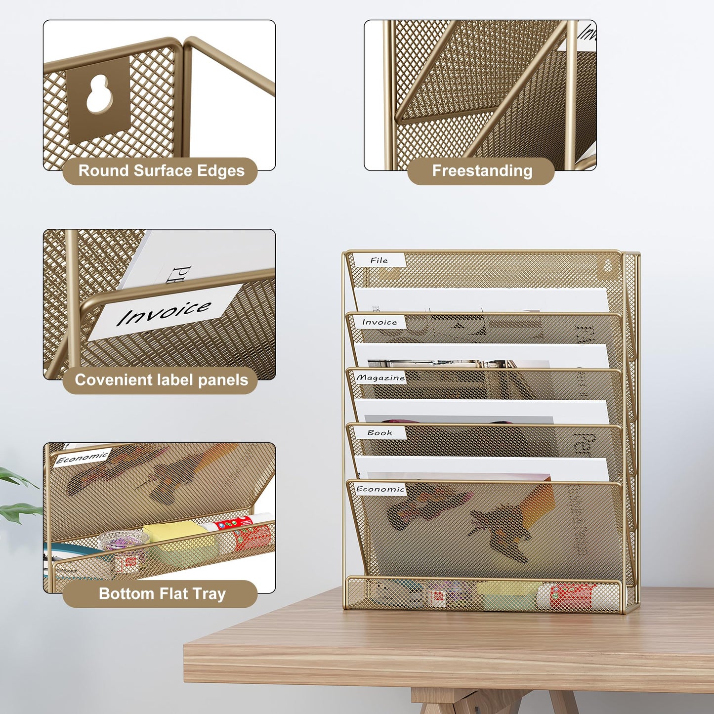 EasyPAG 5 Tier Wall File Holder, Mesh Hanging Folder Organizer with Classify Label, Versatile Desk