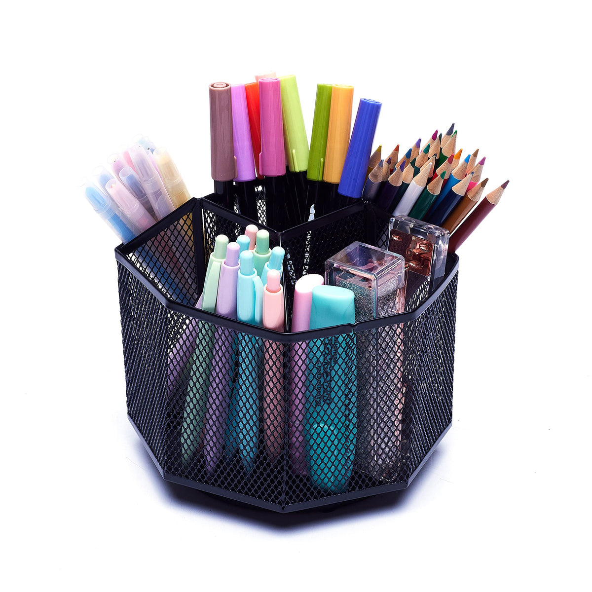 Exerz Desk Organizer 360 Rotating Pen Holder 5 Compartments Caddy Black