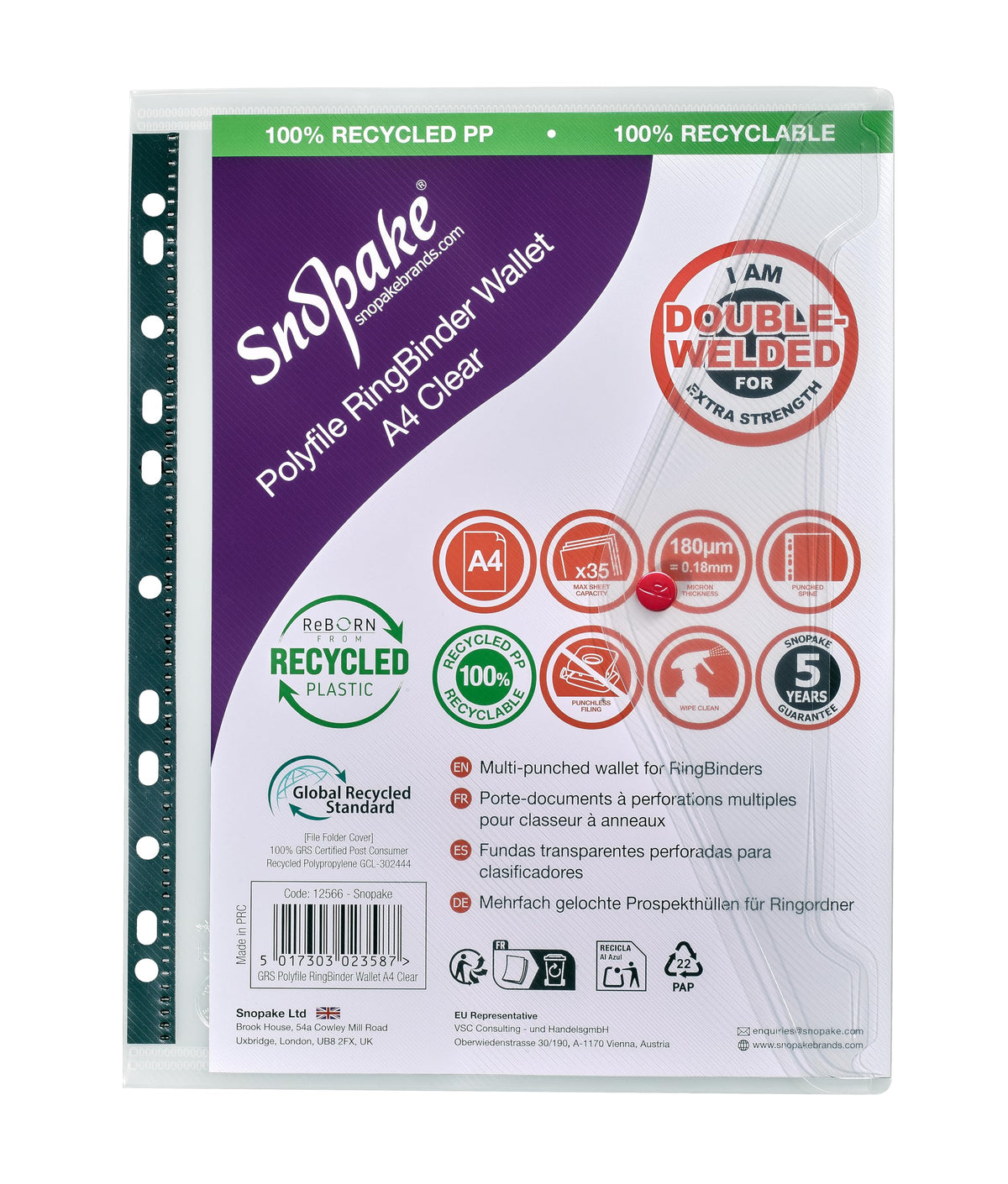 Snopake A4 Polyfile RingBinder Popper Wallet – Clear [Pack of 5] Ref: 12566