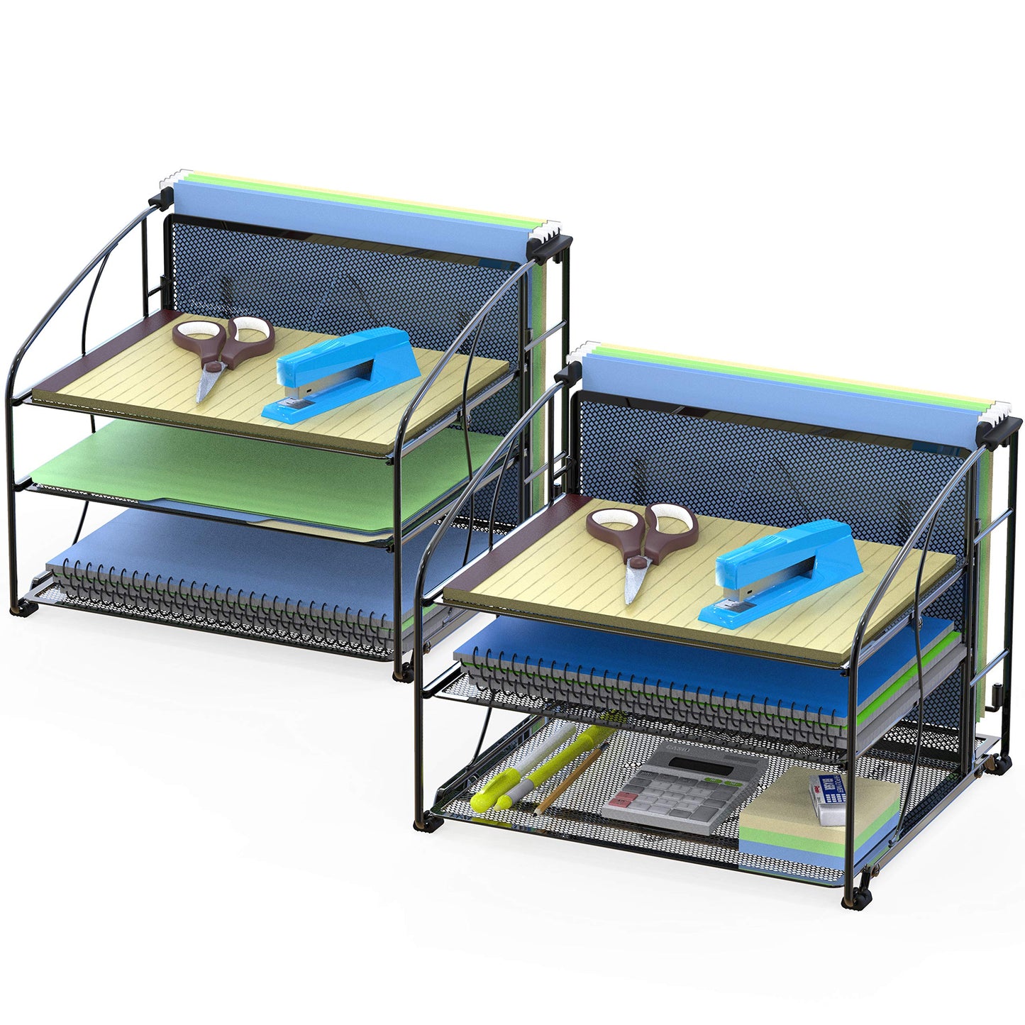 Simple Houseware 3-Tier Desk Organizer with Sliding Drawer, Black, 2-Pack