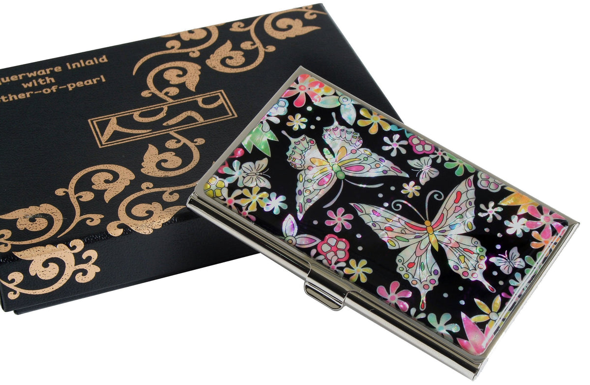 Antique Alive Mother of Pearl Butterfly Design Cash Money Business Credit Name Id Card Holder Case