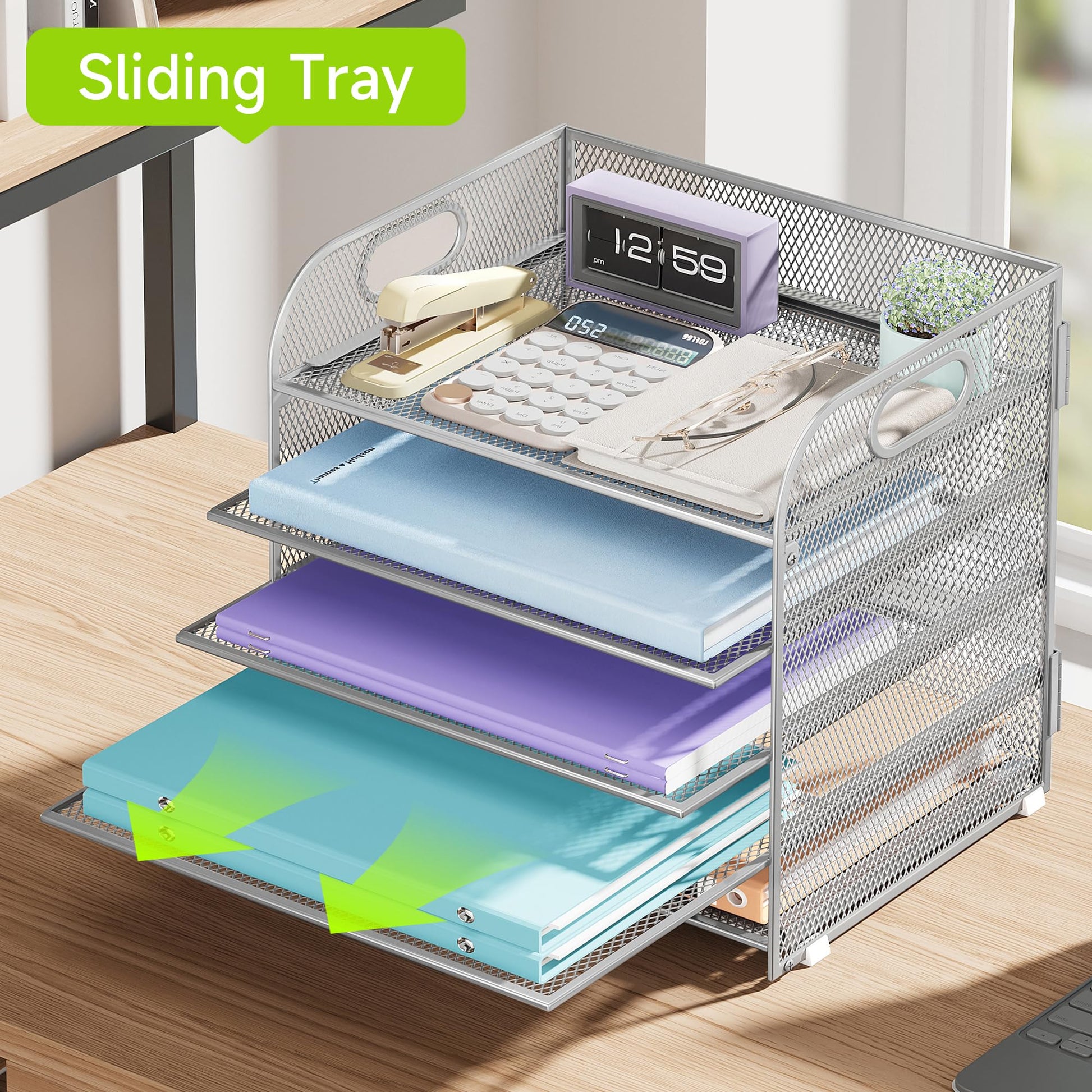 Cawukege 5 Tier Paper Organizer with Handle, Silver Metal Mesh Desk Organizer File Folder Paper