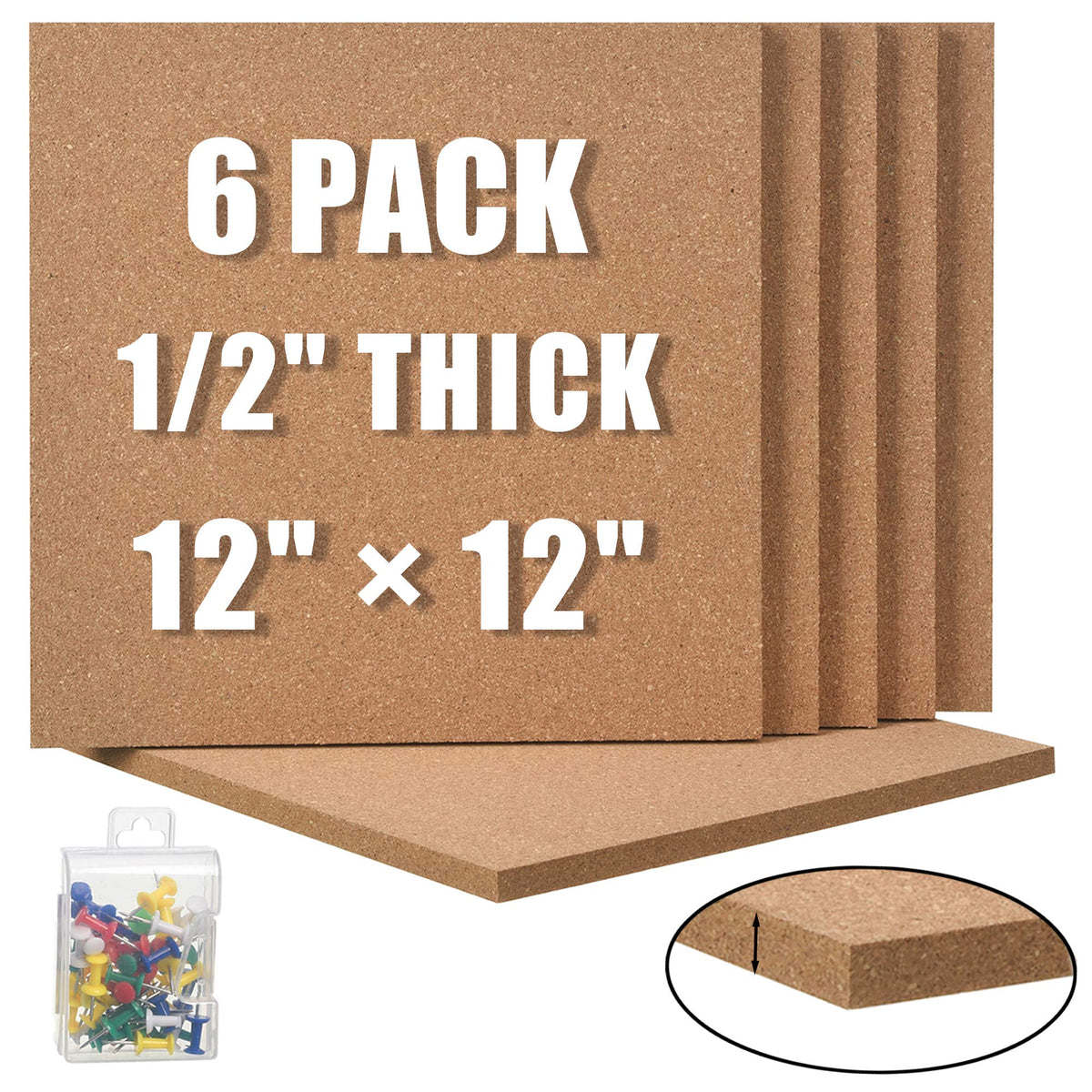 SUNGIFT Cork Board 12"x12" - 1/2 Inch Thick Self-Adhesive Tiles, 6 Pack