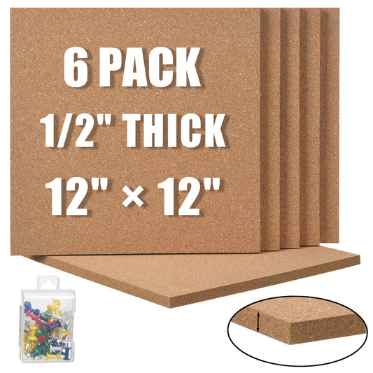 SUNGIFT Cork Board 12"x12" - 1/2 Inch Thick Self-Adhesive Tiles, 6 Pack