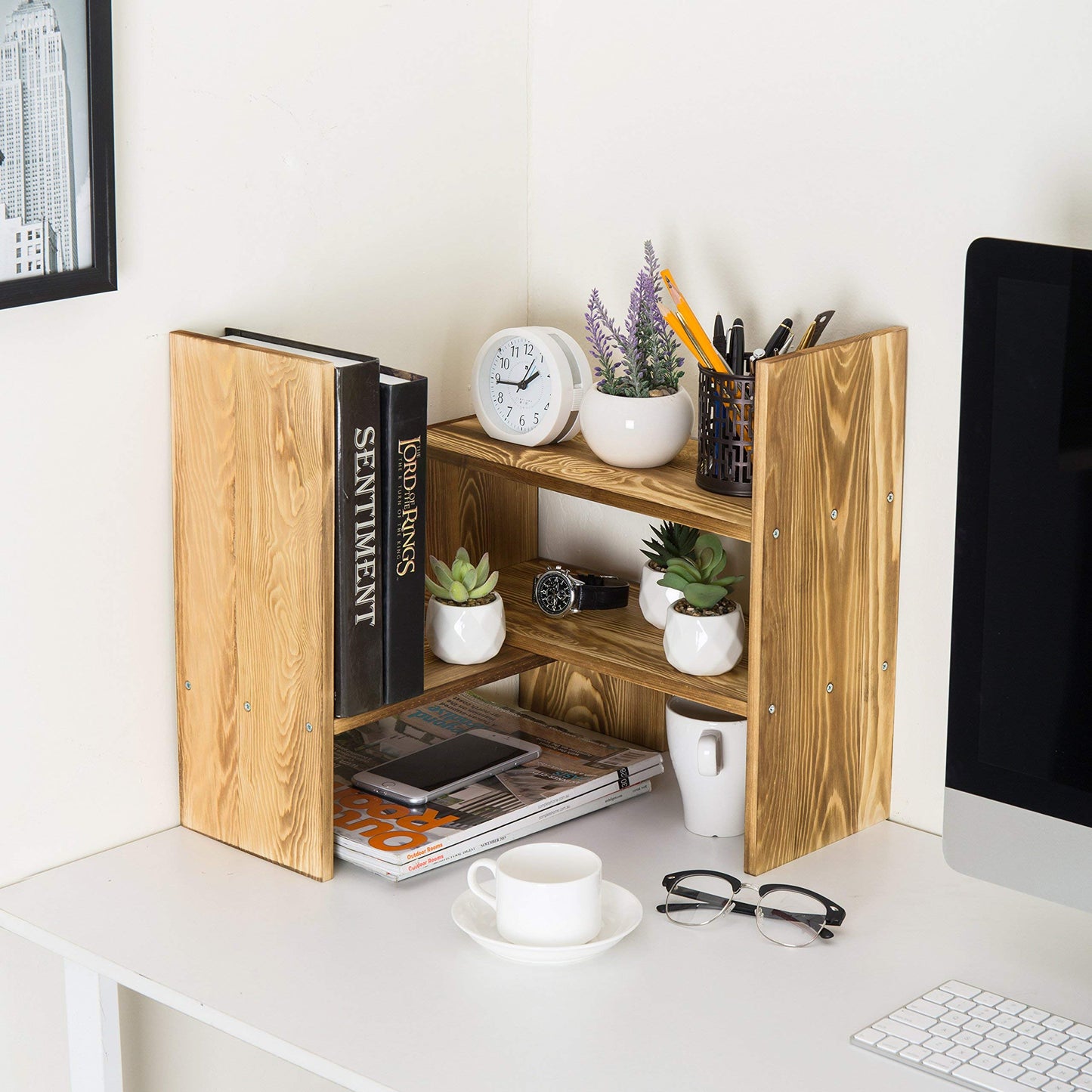 MyGift Adjustable Dark Brown Solid Wood Desktop Storage Organizer Display Shelf Book Rack, Home