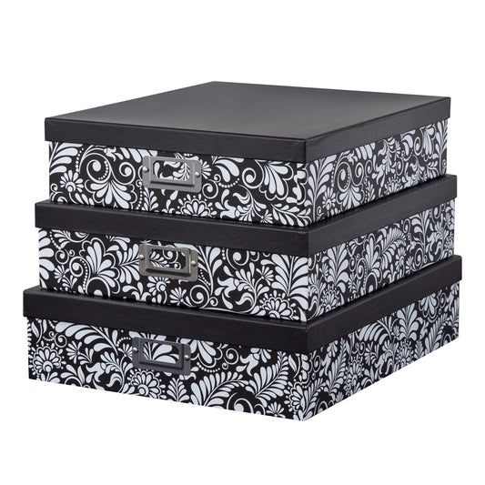 Soul & Lane - Black and White Floral Storage Boxes with Lids, Set of 3