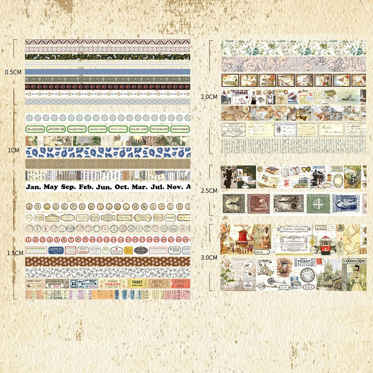Songdao 36 Rolls Vintage Washi Tape Pack Retro Arts Adhesive Tapes Wide Chronicle Decorative