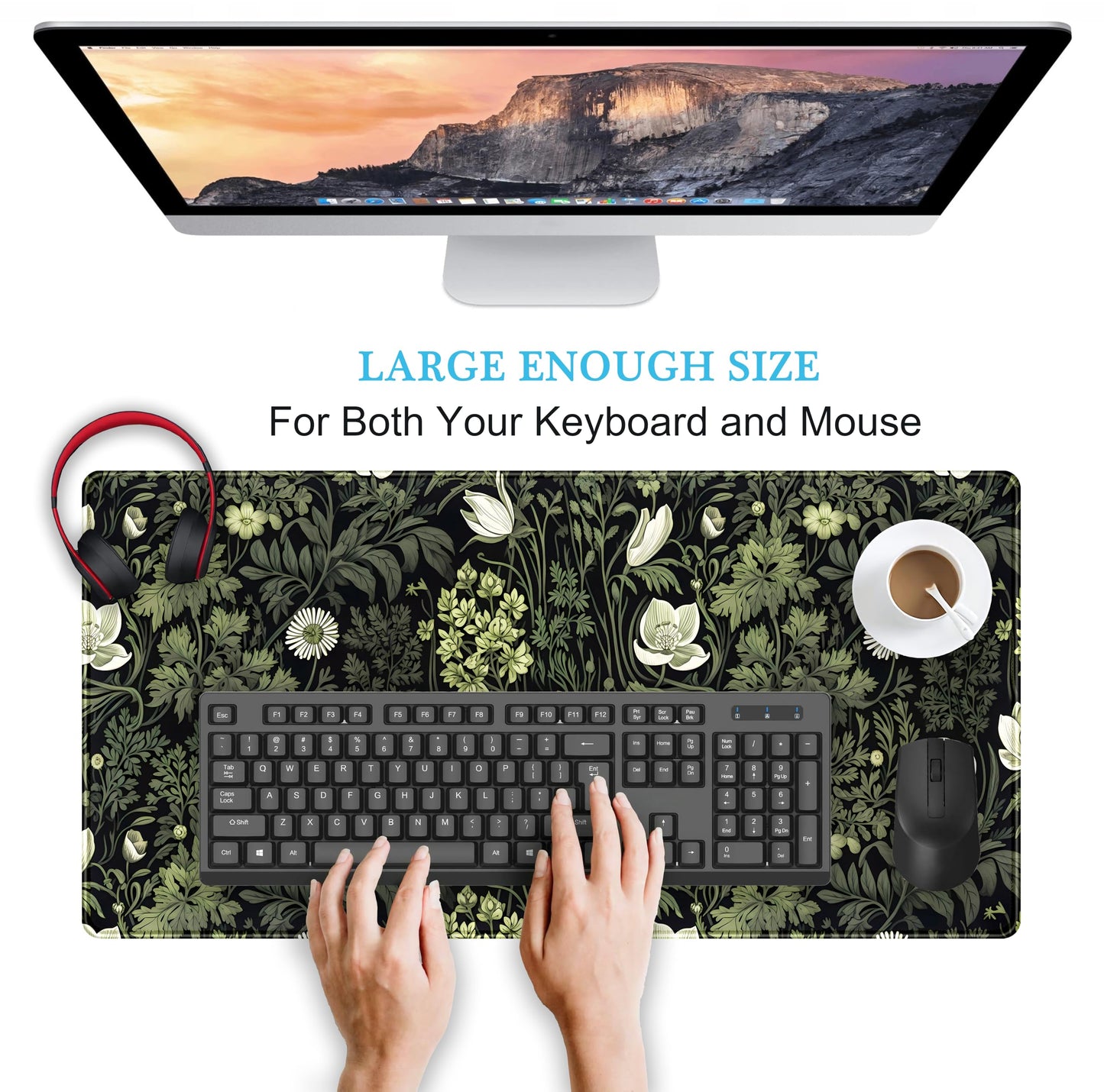 Dark Green Floral Plants XXL Gaming Mousepad & Desk Pad - Nature Leaf Flower Laptop Keyboard Mat