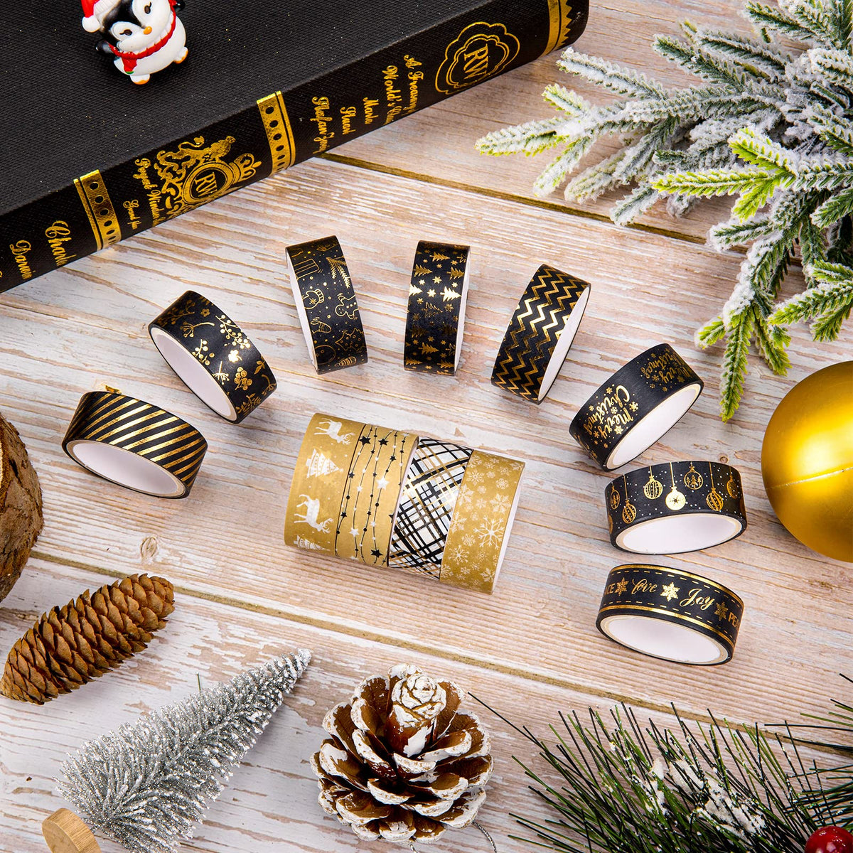Whaline 12 Rolls Christmas Washi Tape Black Gold Xmas Washi Masking Tape Foil Gold Snowflake Xmas