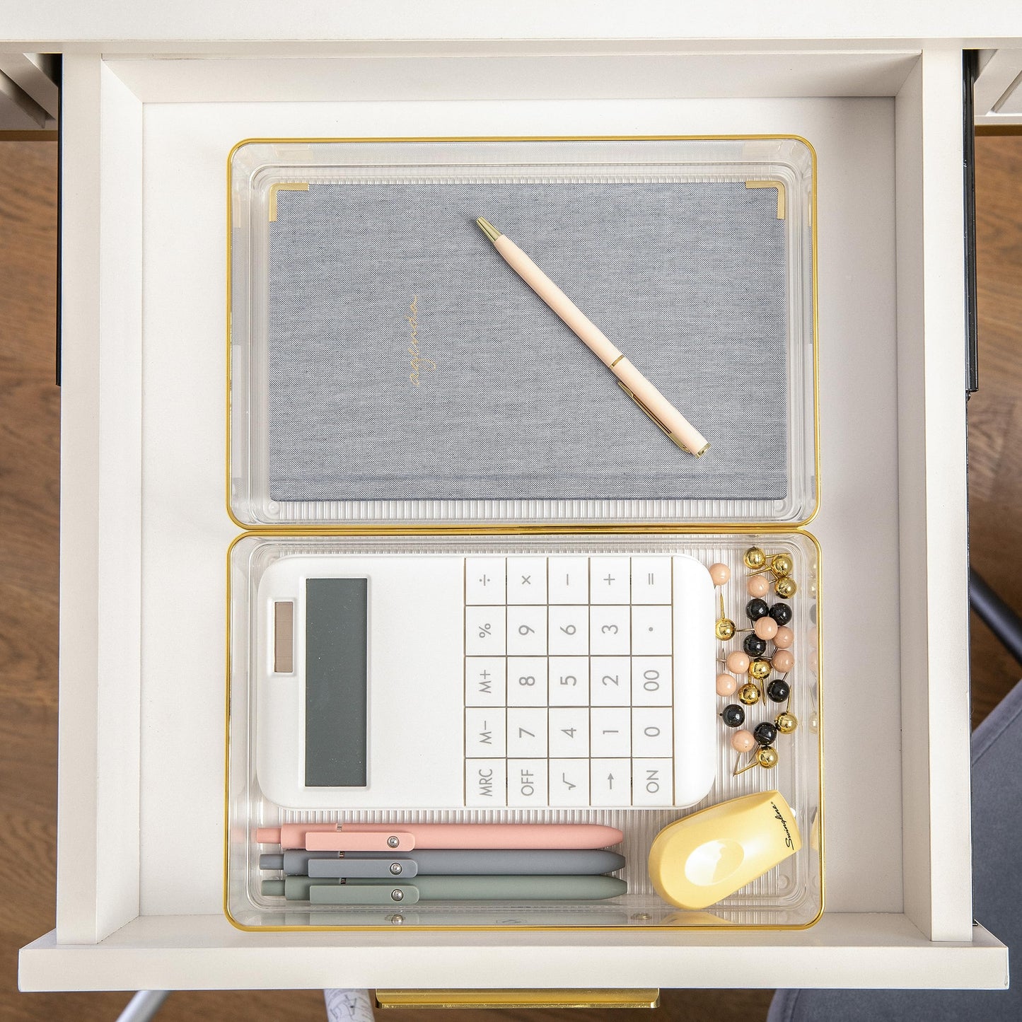 Martha Stewart Kerry Stackable Desk Drawer Organizers, Clear/Gold, 3-Pack