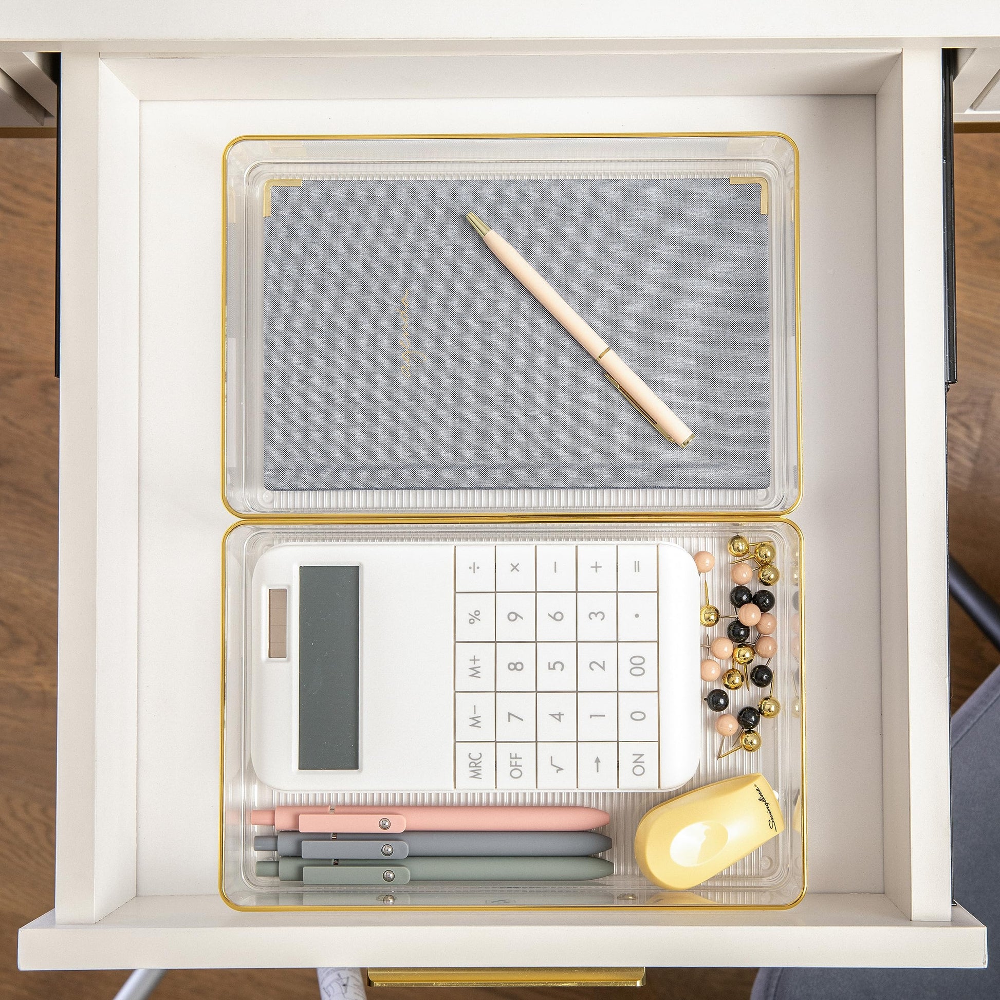 Martha Stewart Kerry Stackable Desk Drawer Organizers, Clear/Gold, 3-Pack