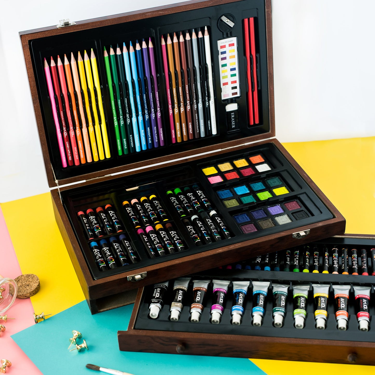 Art 101 USA Deluxe Art Set with 119 Pieces in a Wood Organizer Case, Includes Color Pencils