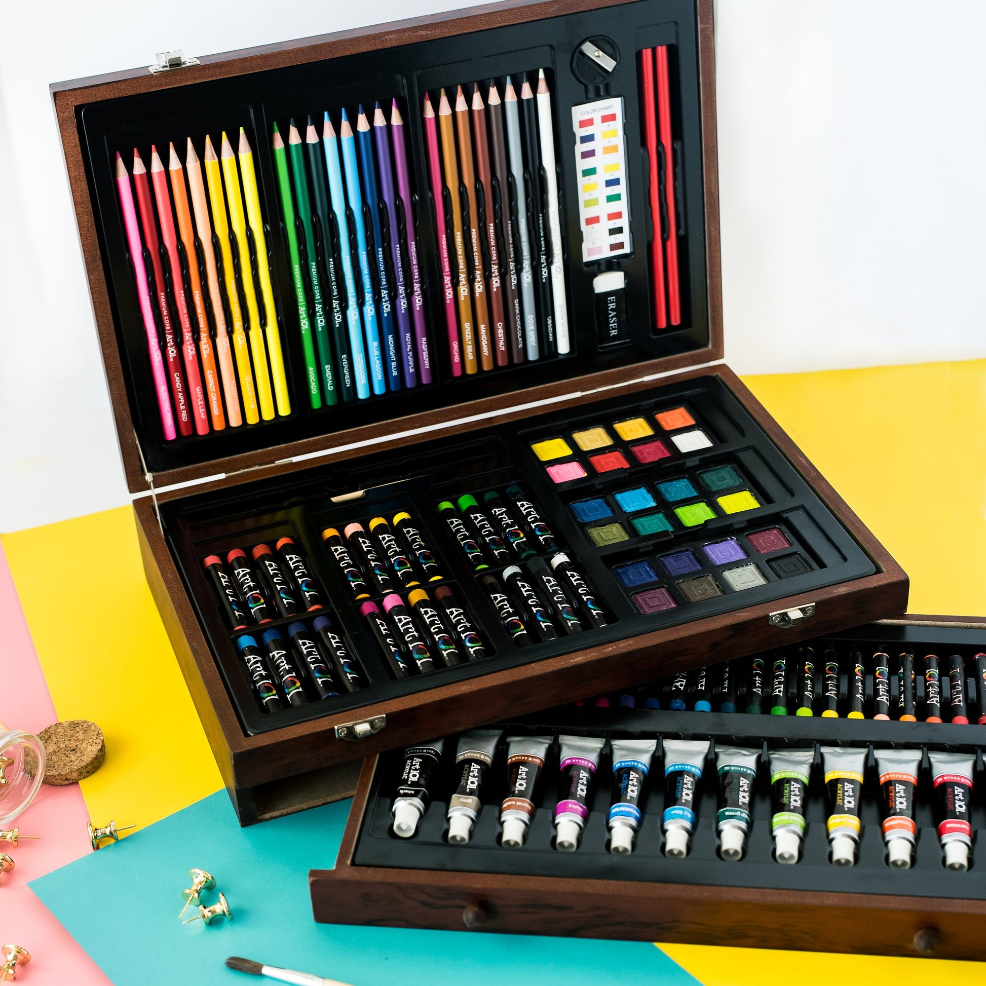 Art 101 USA Deluxe Art Set with 119 Pieces in a Wood Organizer Case, Includes Color Pencils