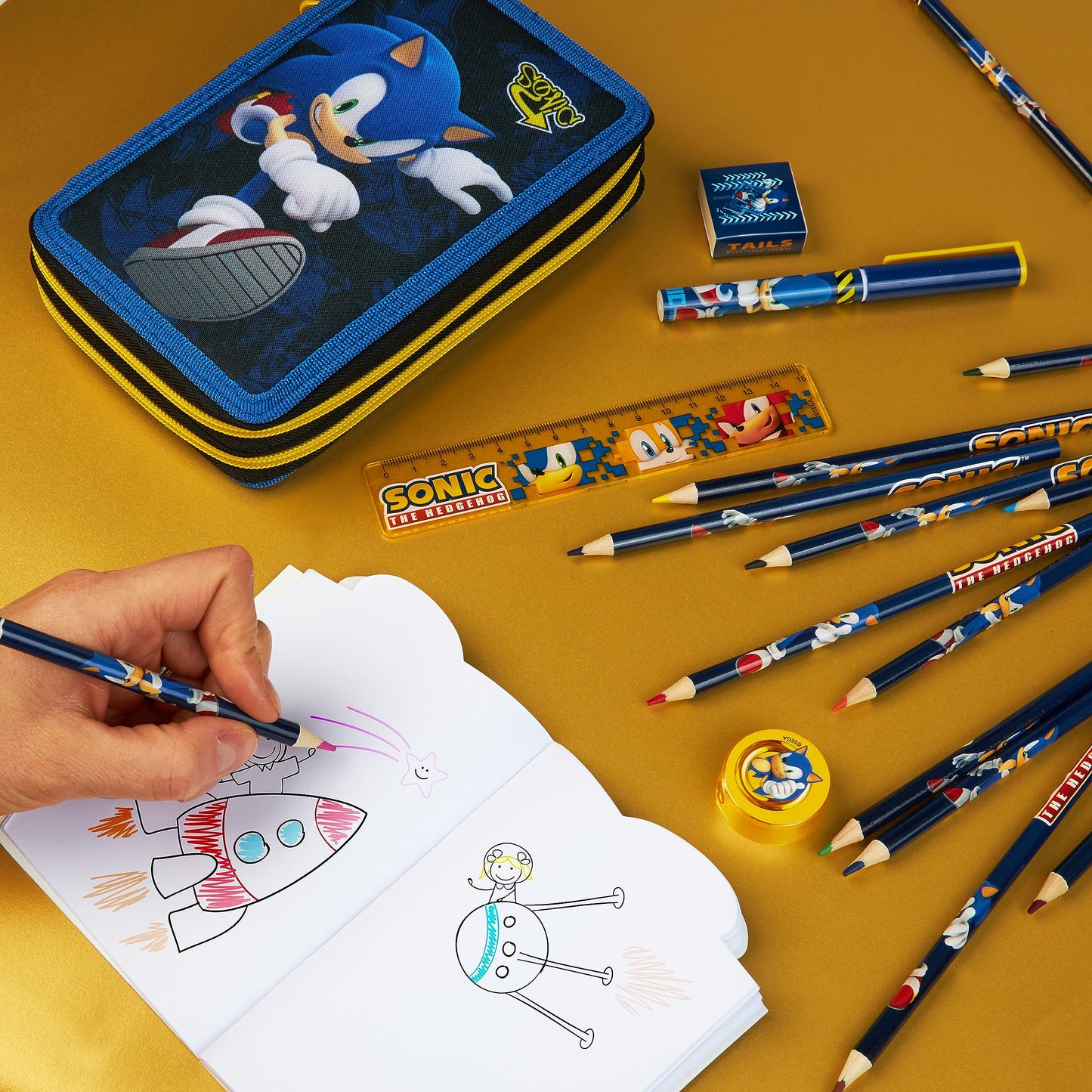 SONIC THE HEDGEHOG Pencil Case for Kids Stationery Set Pens Colored Pencils Mini Notebook School