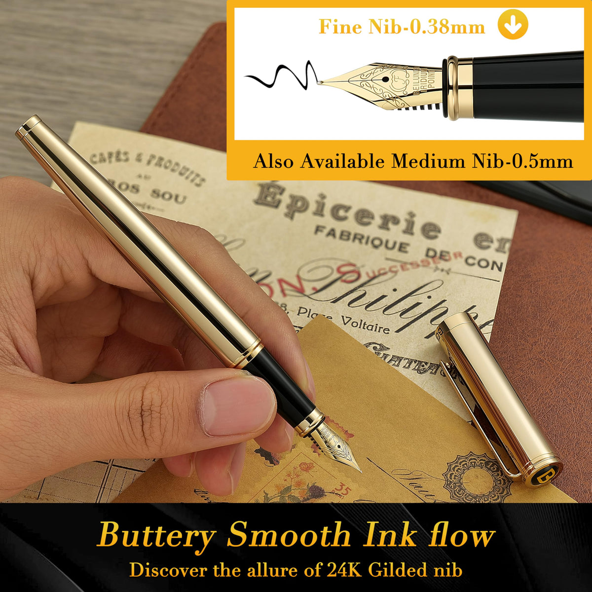 BEILUNER Gold Personalized Fountain Pen,Stunning Luxury Surface,24K Gilded Nib(Fine),Gorgeous 24K
