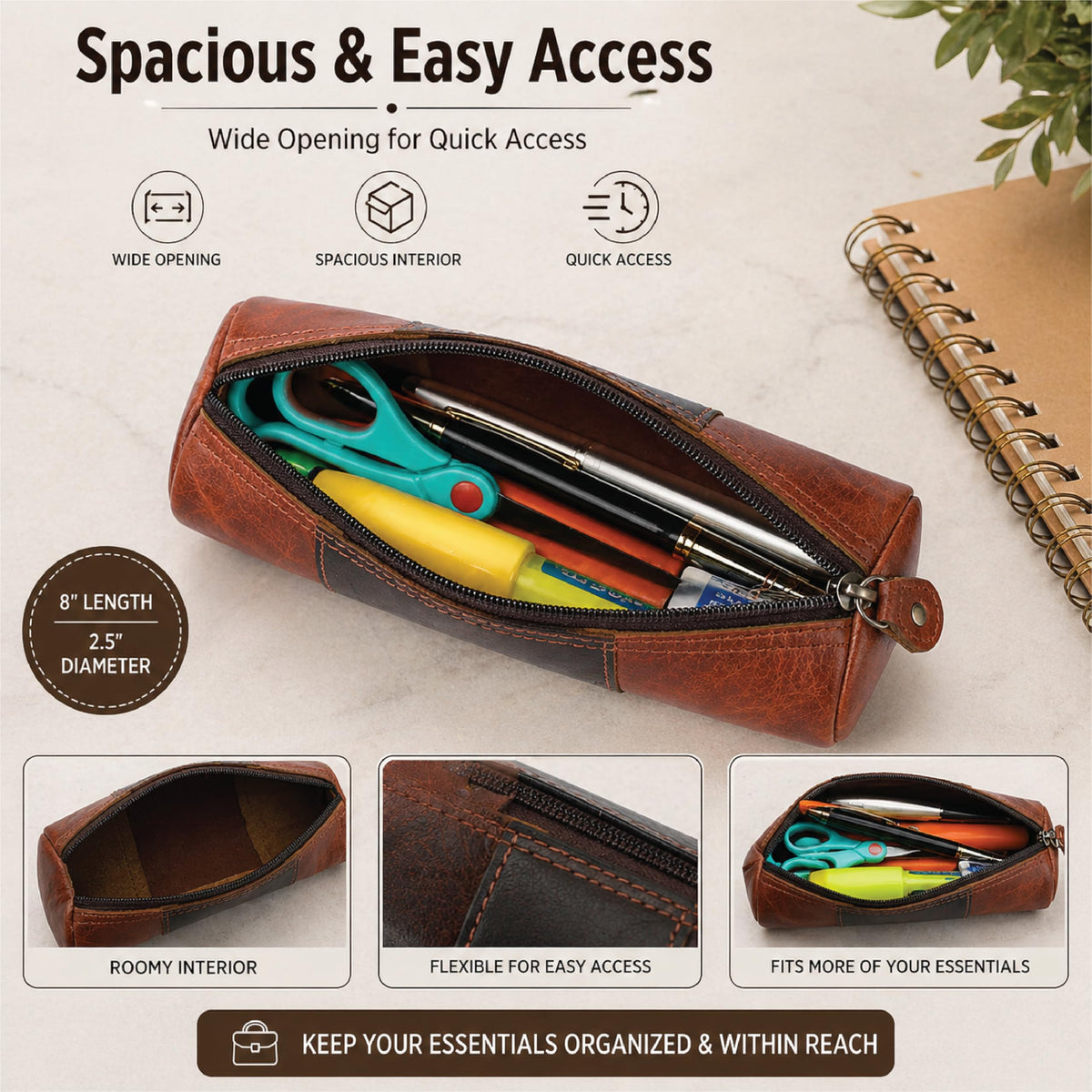 TheAntiq Genuine Leather Pencil Pouch, Handcrafted Zipper Organizer Case with Wrist Strap, Durable