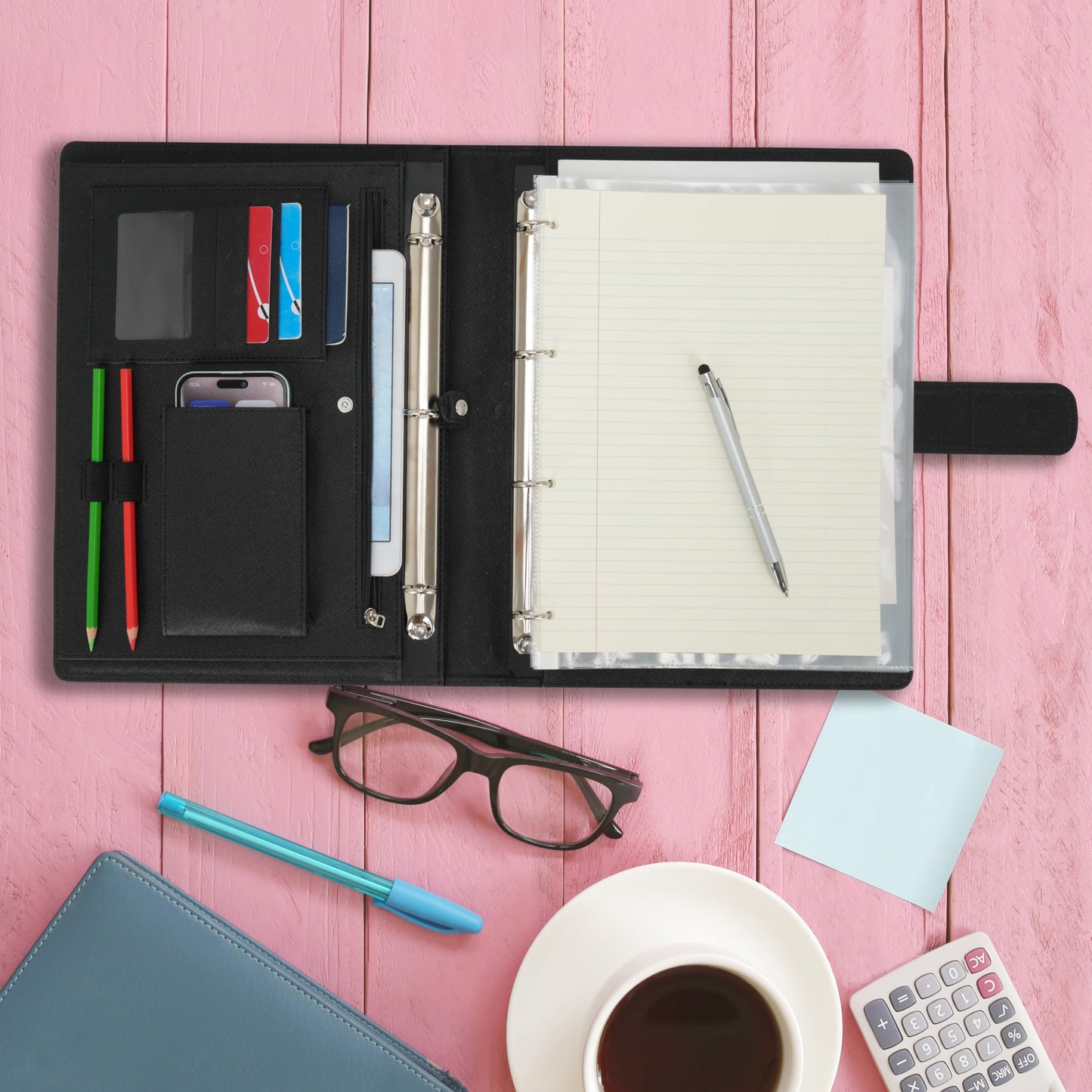 Wonderpool A4 PU Leather 3 & 4 Ring Holder Writing Portfolio Multi Document Case with Removable