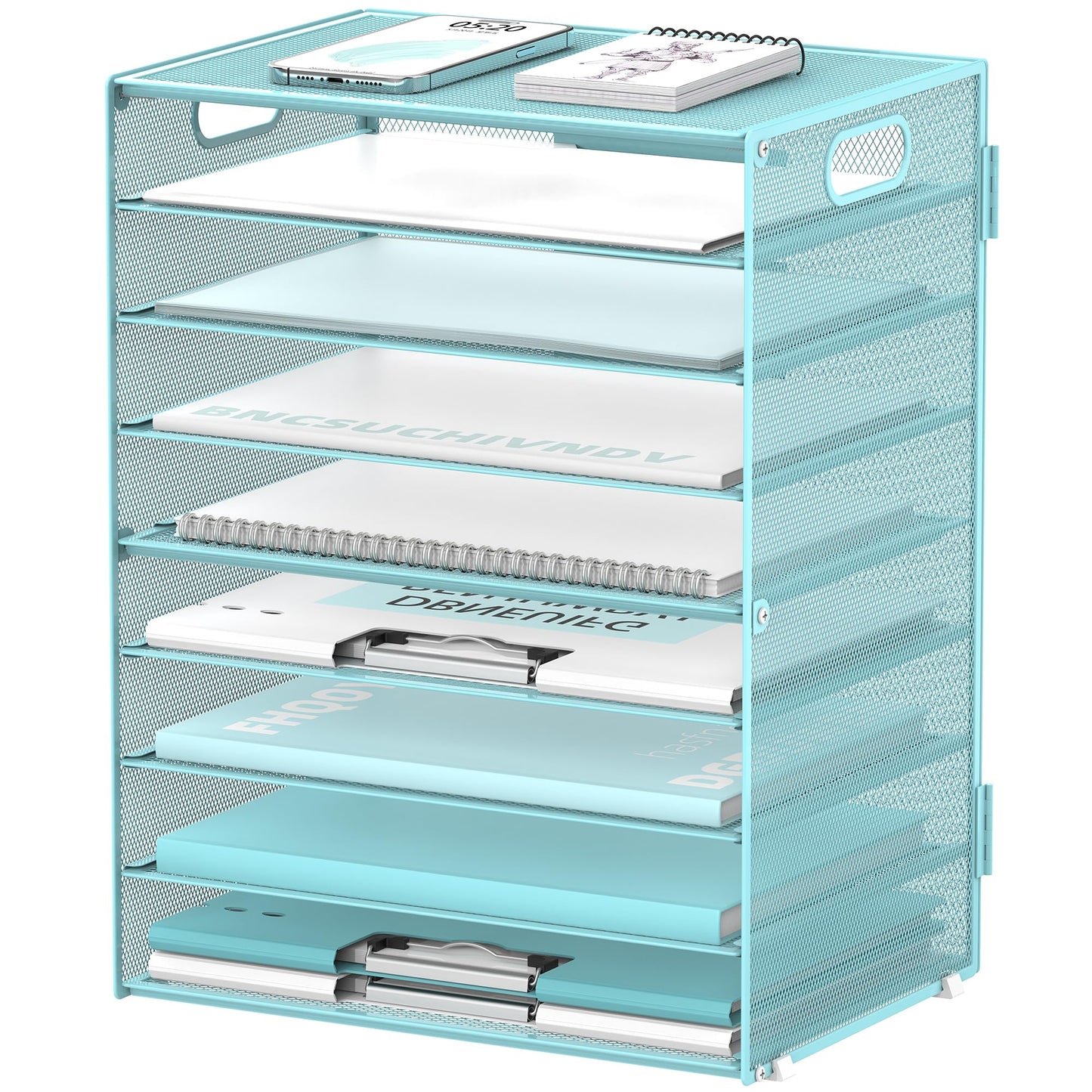 9-Tier Paper Organizer for Desk, Metal Mesh Letter Tray with Handles, Blue