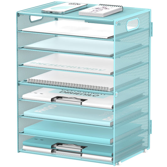 9-Tier Paper Organizer for Desk, Metal Mesh Letter Tray with Handles, Blue