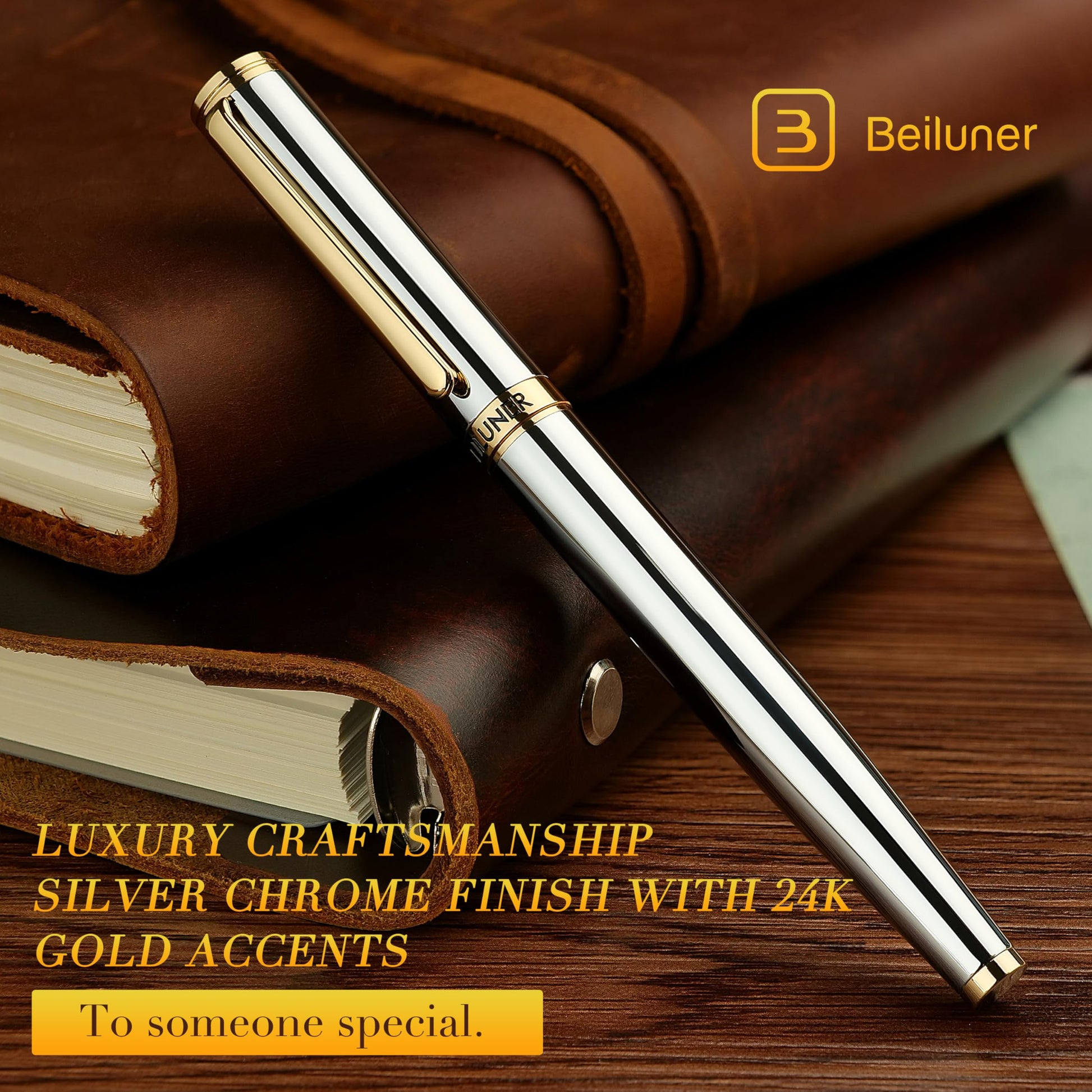 BEILUNER Silver Chrome Fountain Pen,Stunning Luxury with 24K Gold Accents, Gorgeous 24K Gilded