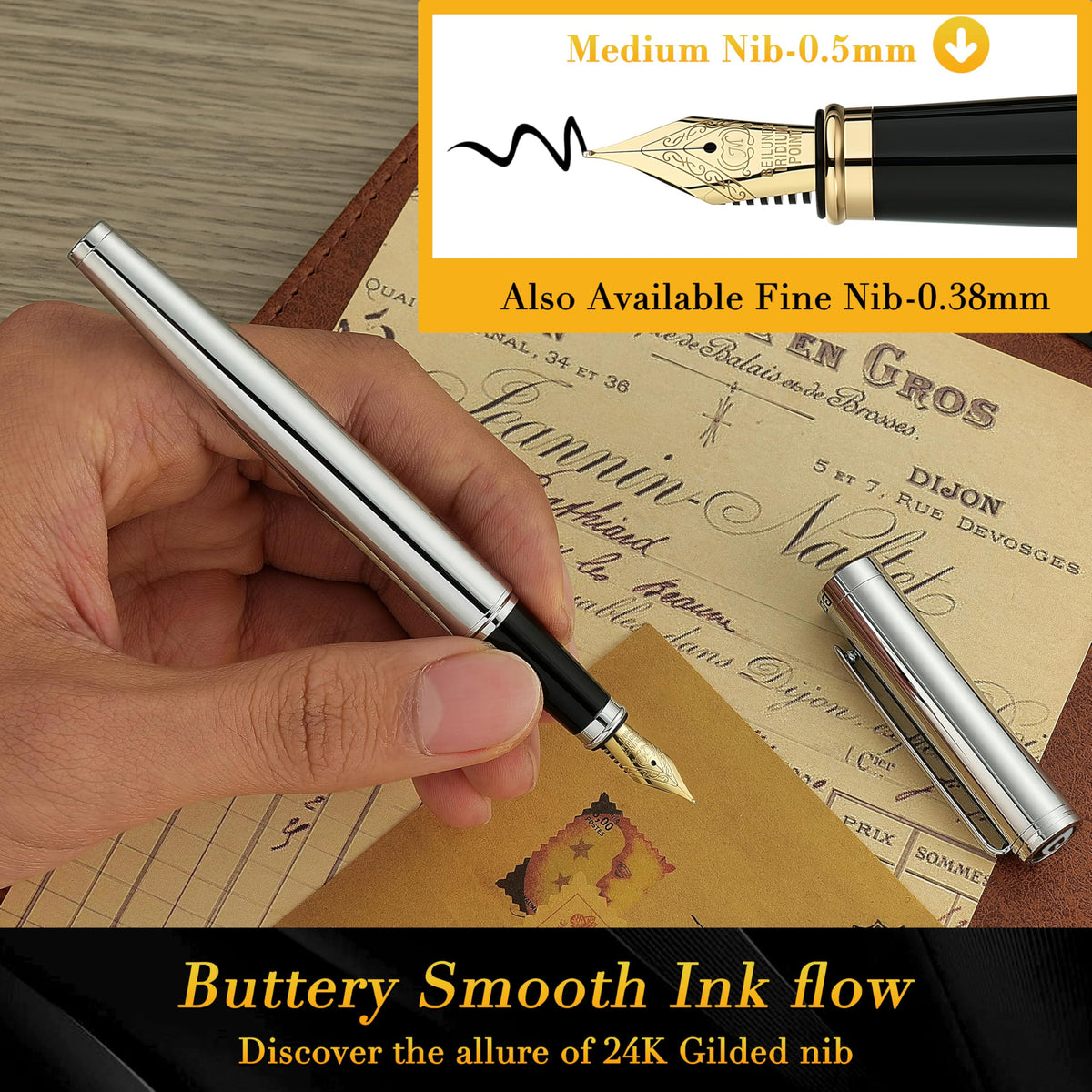 BEILUNER Silver Fountain Pen,Stunning Luxury Pens with Bright Silver Chrome, Gorgeous 24K Gilded