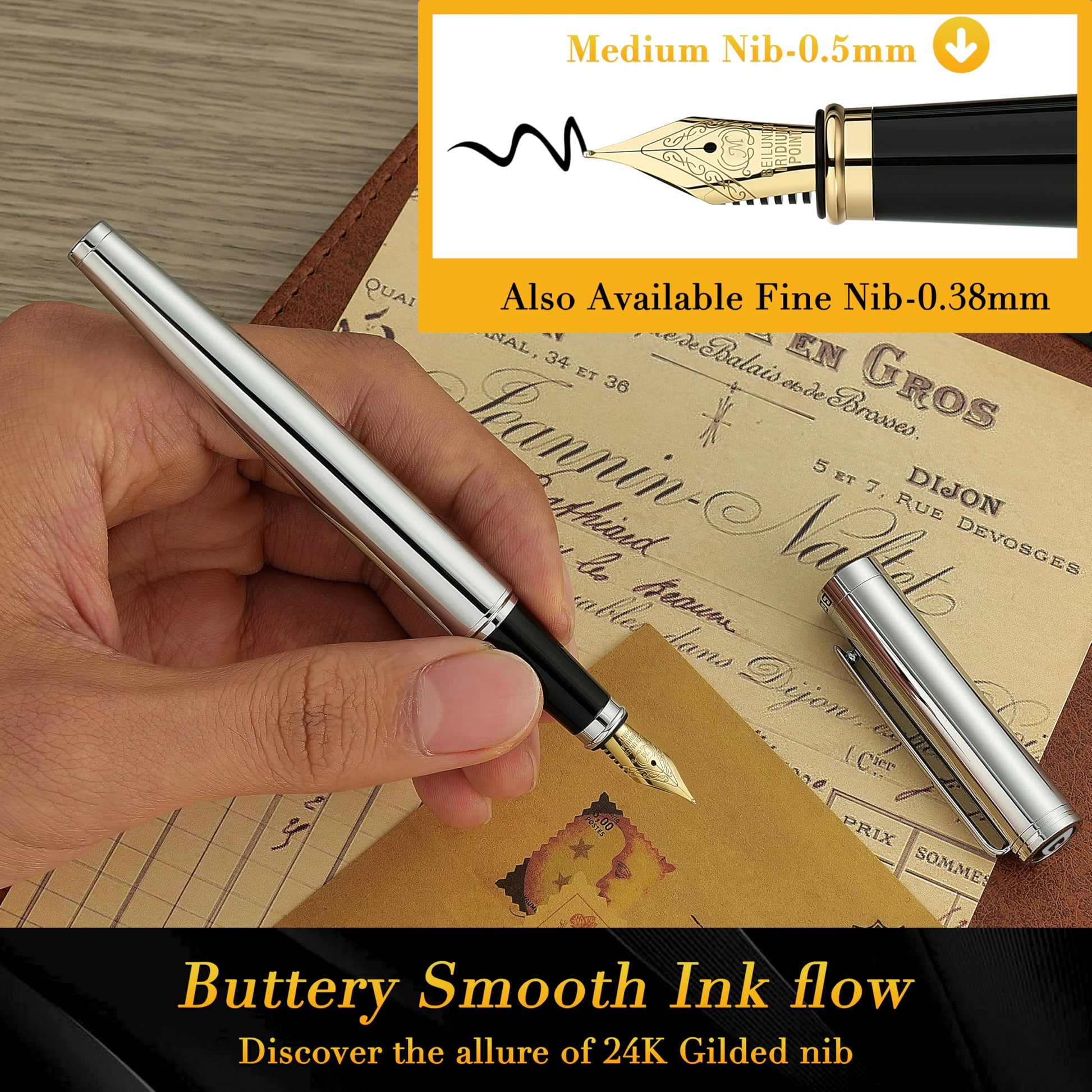 BEILUNER Silver Fountain Pen,Stunning Luxury Pens with Bright Silver Chrome, Gorgeous 24K Gilded