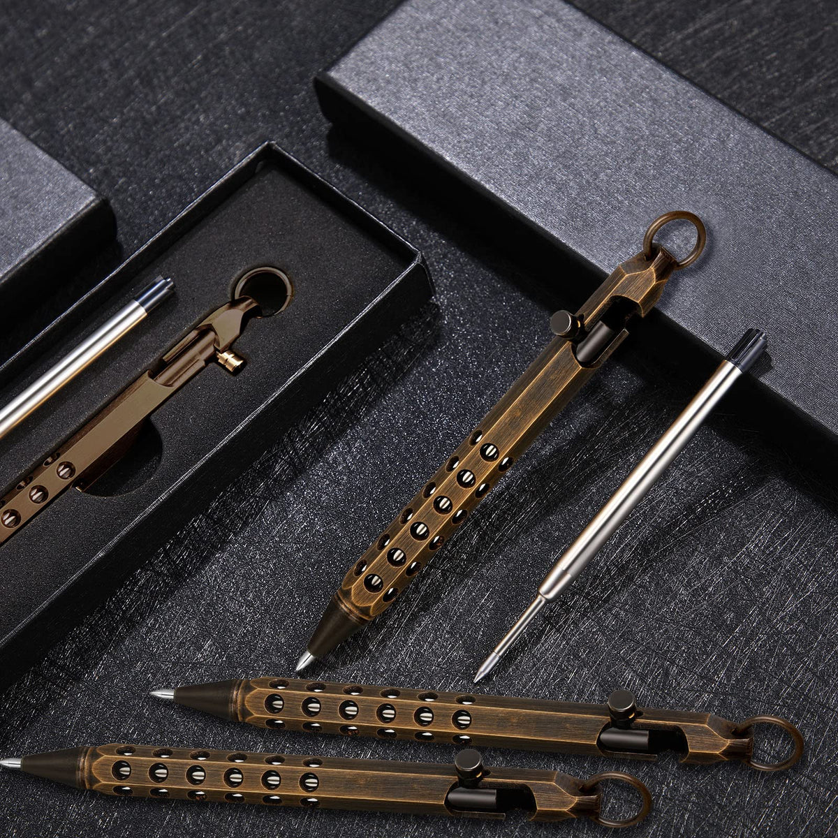 Chinco 12 Pcs Bolt Action Pen Sets Gift for Men 4 Hexagon Solid Brass Pens 8 Ink Refills Edc Pen
