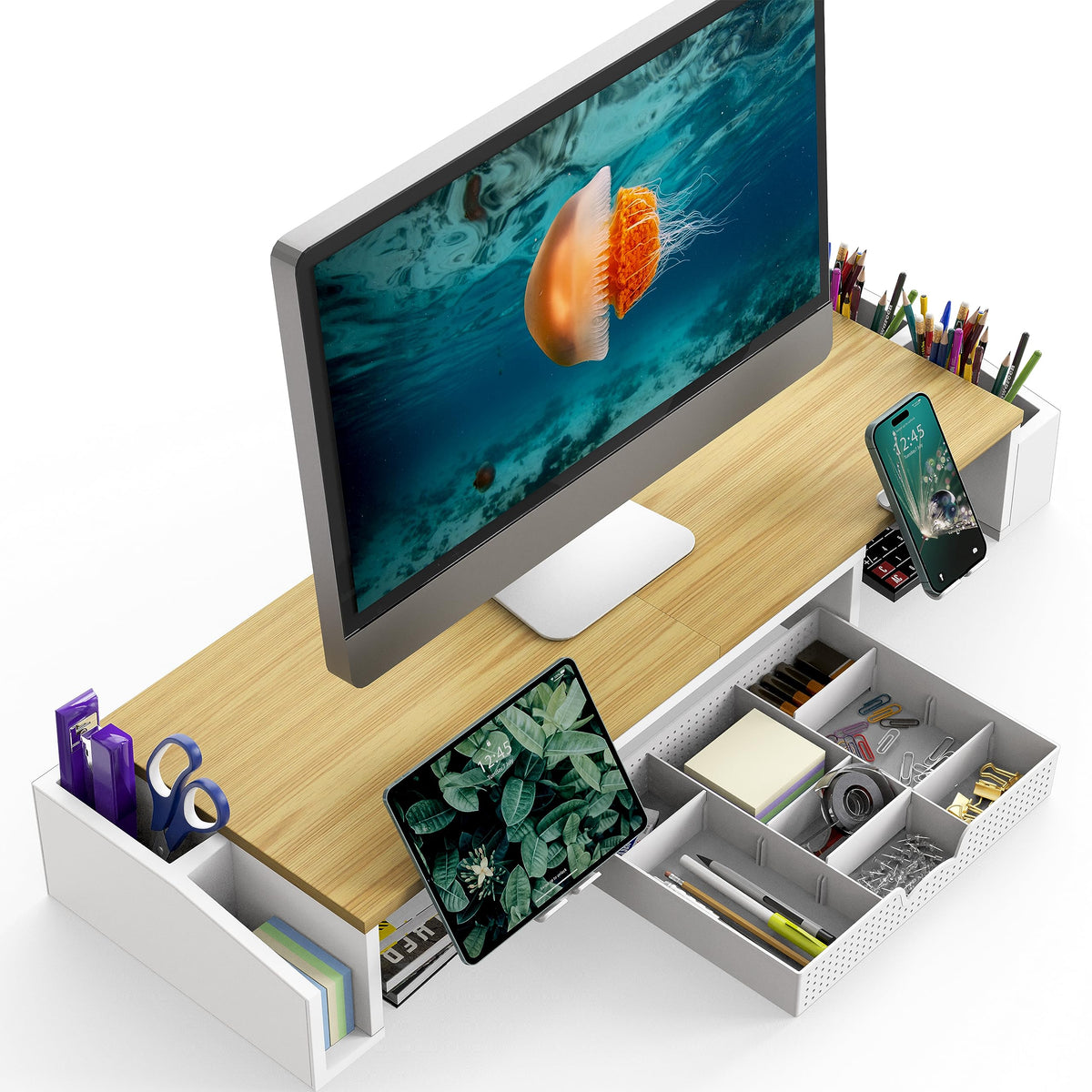 Simple Houseware Desk Dual Monitor Stand Riser with Drawer, Oak