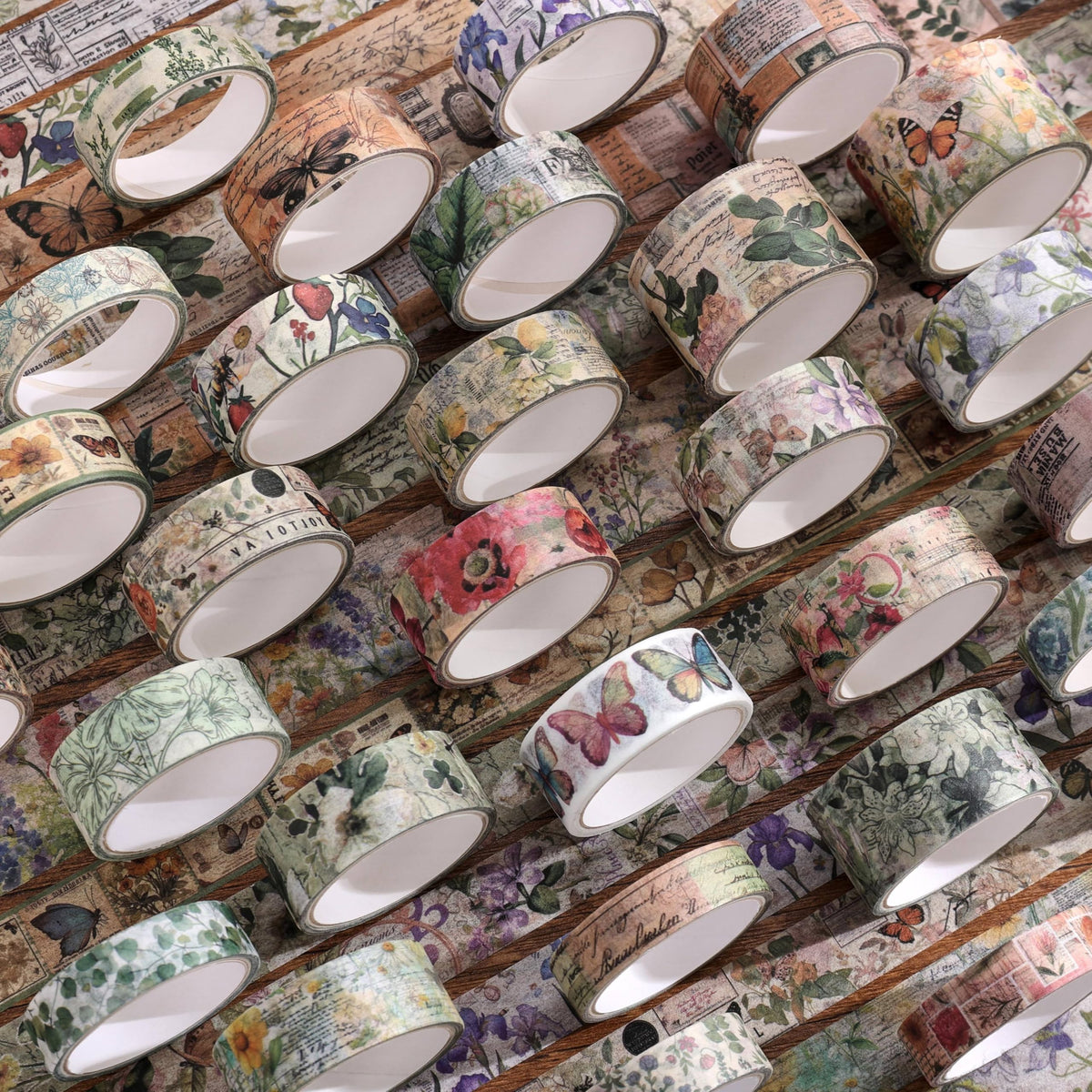 42 Rolls Vintage Washi Tape Set, Delicate Butterfly & Lush Floral Botanical Themed Writable