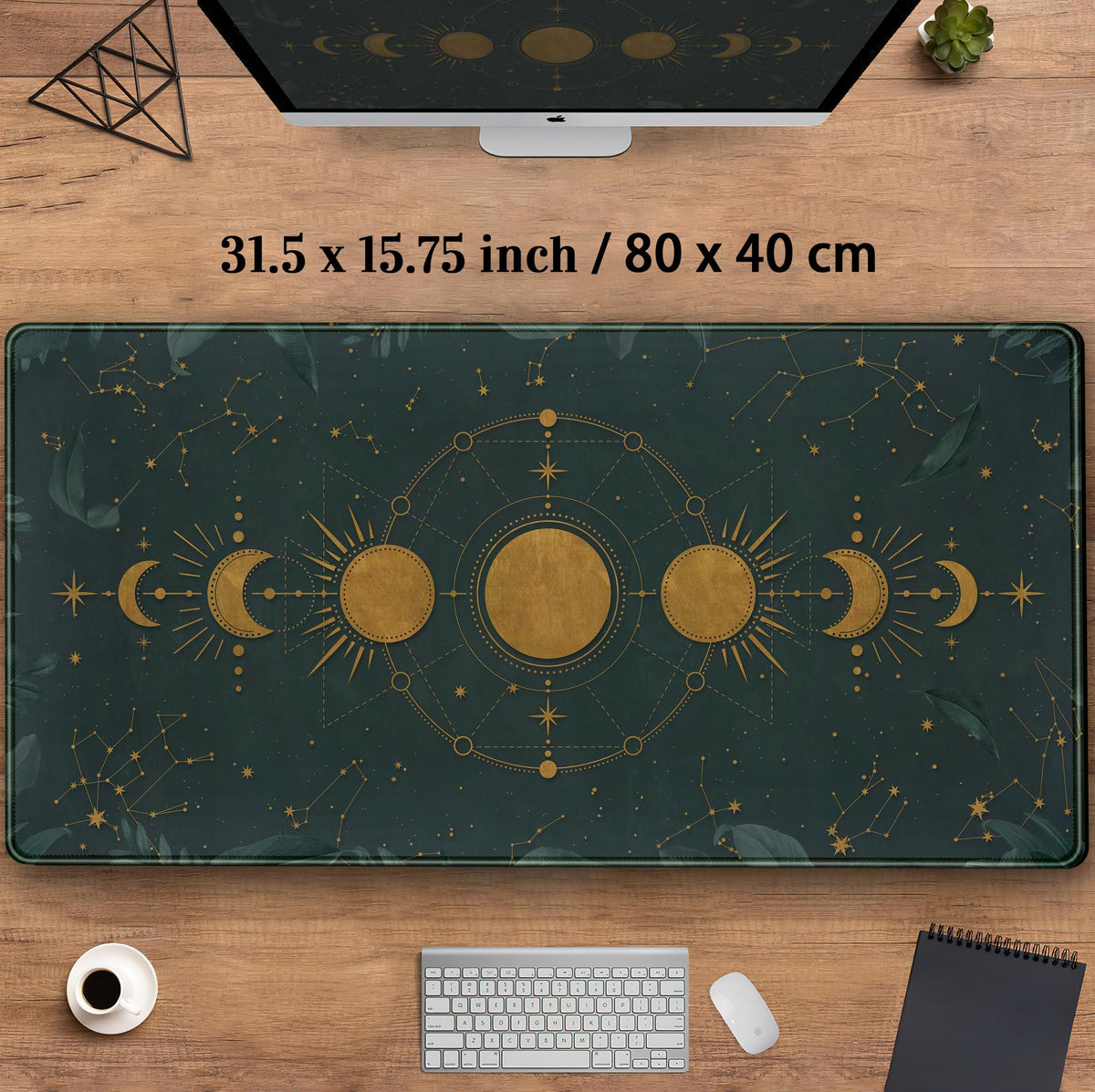 Dark Academia Mousepad Forest Green XXL Desk Mat Gold Moon Phases Large Extended Mouse Pad Gaming