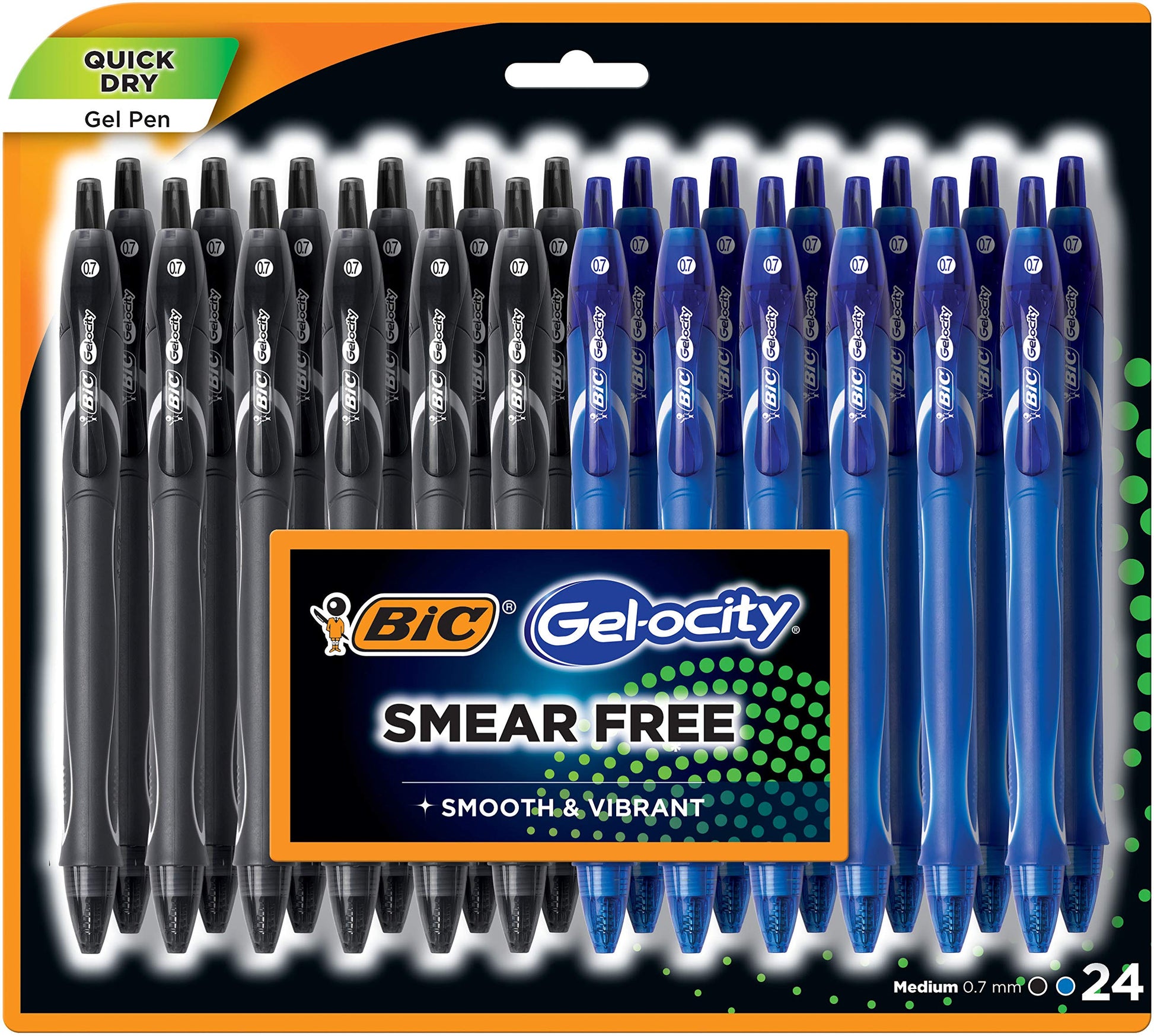 BIC Gelocity Quick Dry Gel Pen, 0.7mm, 12 Black & 12 Blue Pens, 24 Pack