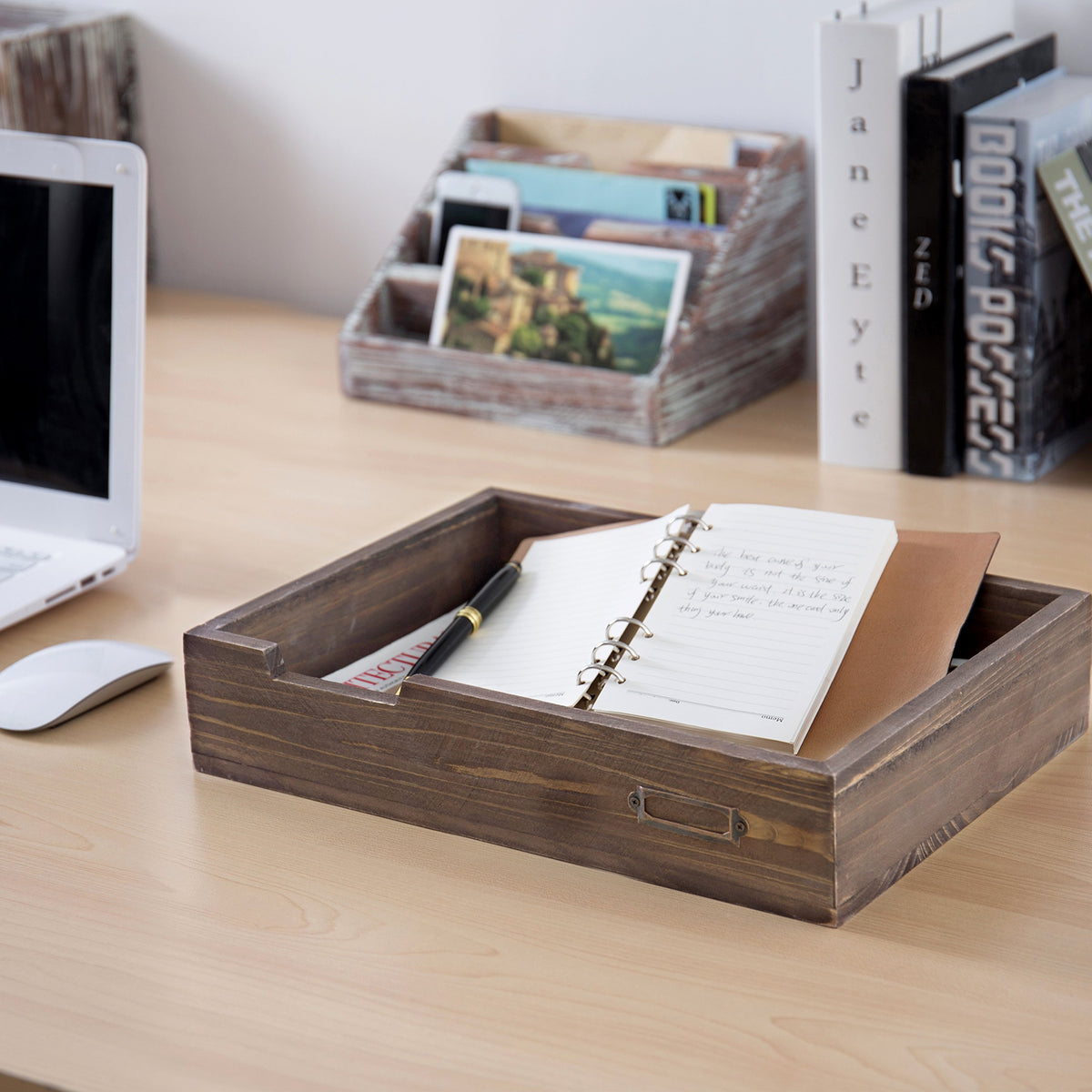 MyGift Set of 2 Vintage Distressed Finish Brown Wood Stackable Office Desktop Document Letter Paper