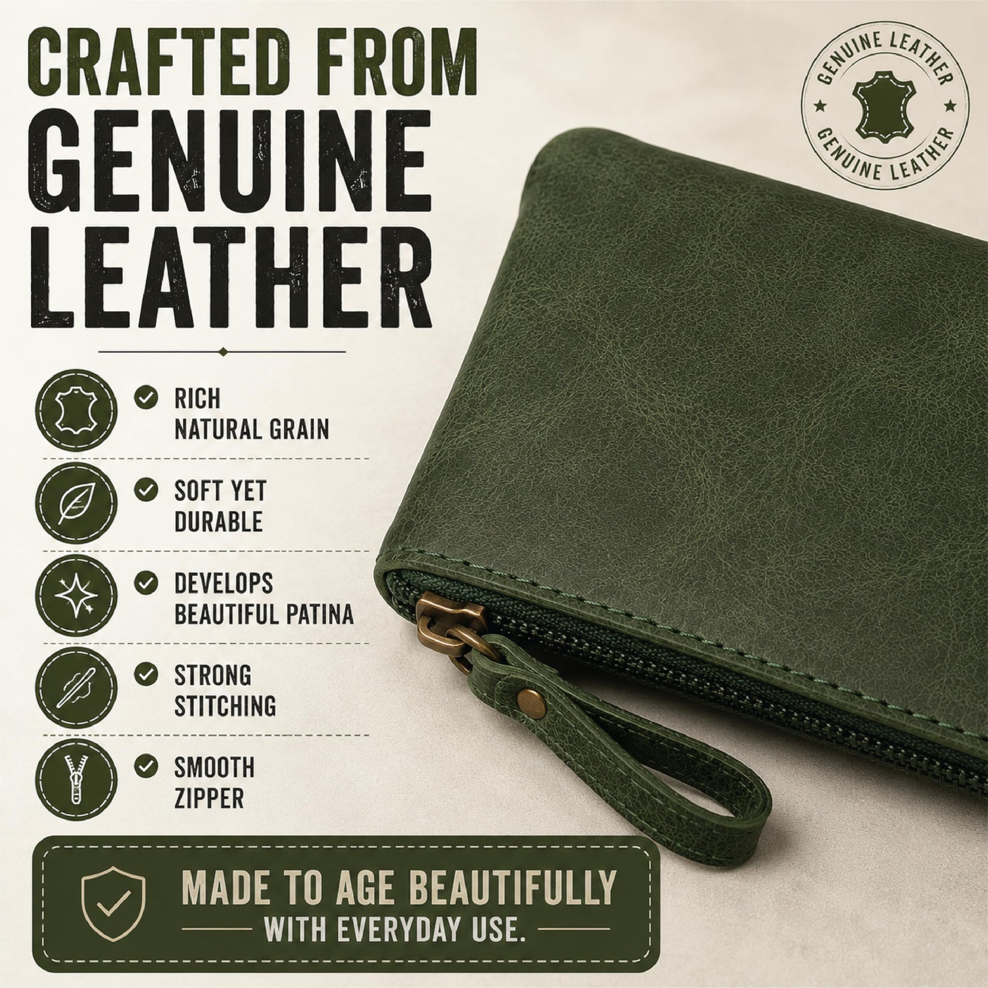 TheAntiq Leather Pencil Pouch, Currency Pouch, Leather Pencil Case, Zippered Pouch Paper Money, Pen