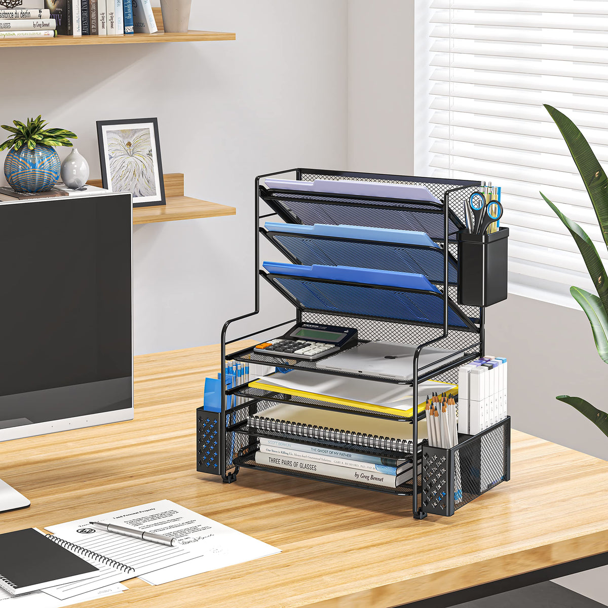 Simple Trending 7 Tier Desk File Organizer, Letter Tray Paper Organizer with Pen Holder and Metal
