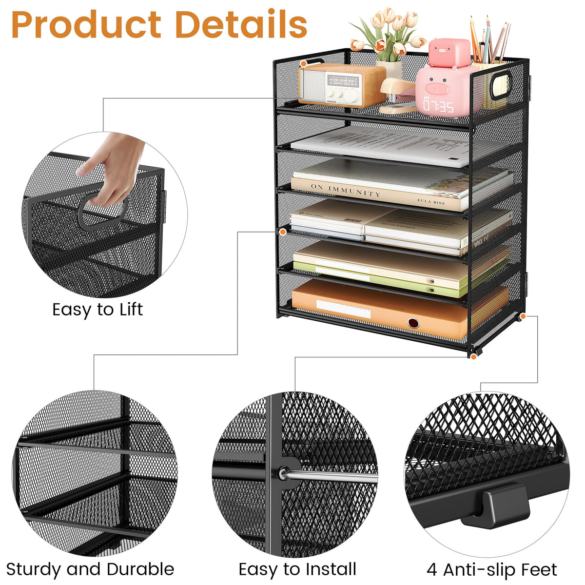 6 Tier Paper Organizer with Handle,Construction Teacher Desk Decor,Black