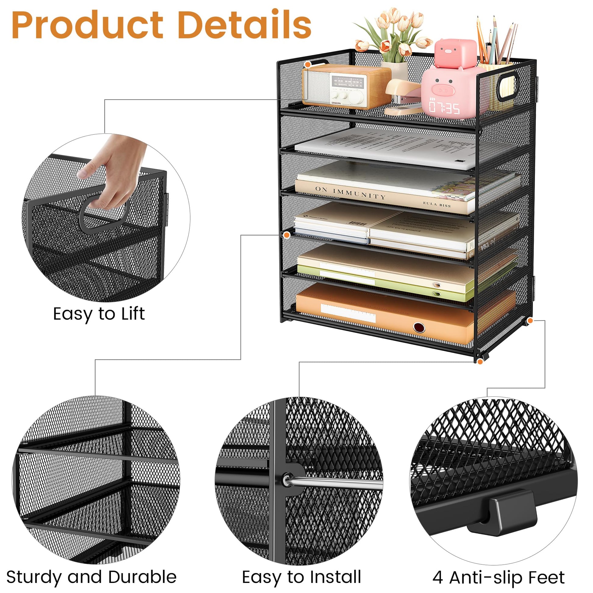6 Tier Paper Organizer with Handle,Construction Teacher Desk Decor,Black