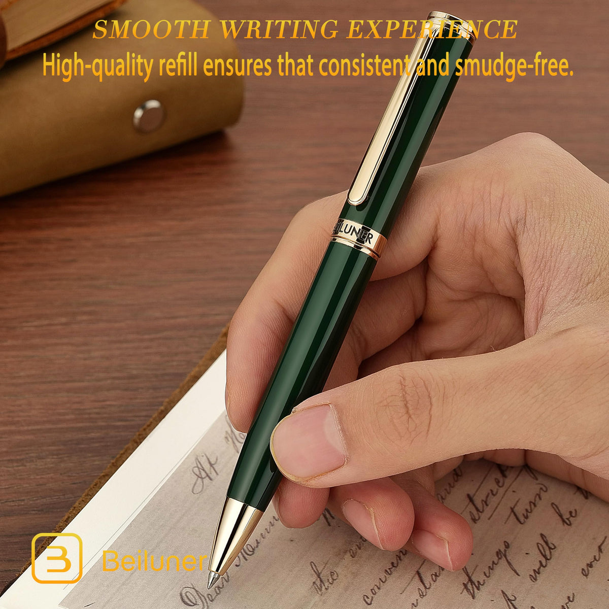 BEILUNER Luxury Gel Pen with 24K Gold Finish, Green Piano Lacquer, Luxury Grade Craftsmanship