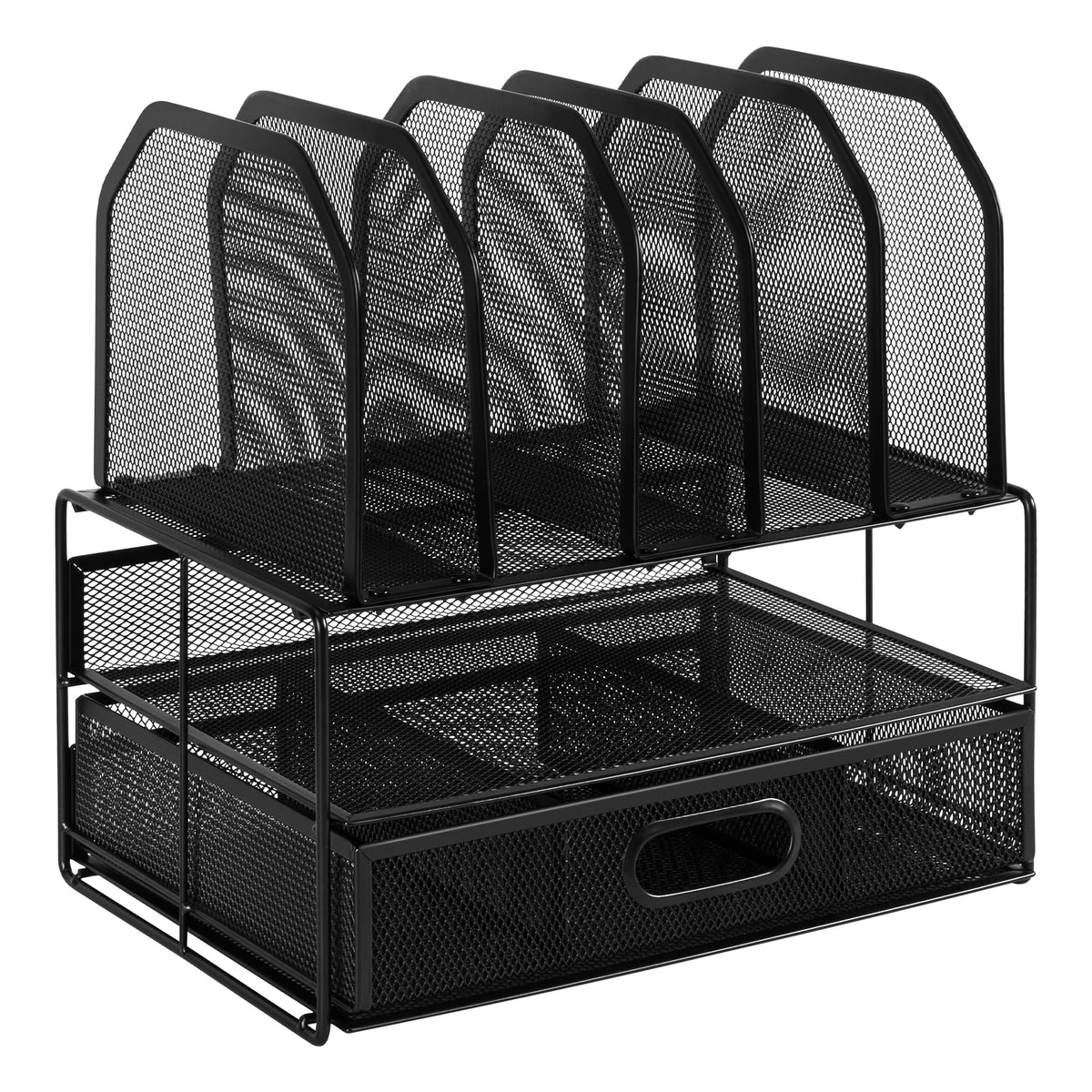 Amazon Basics Mesh Desk Organizer with Sliding Drawer, Double Tray and 5 Upright Sections, File