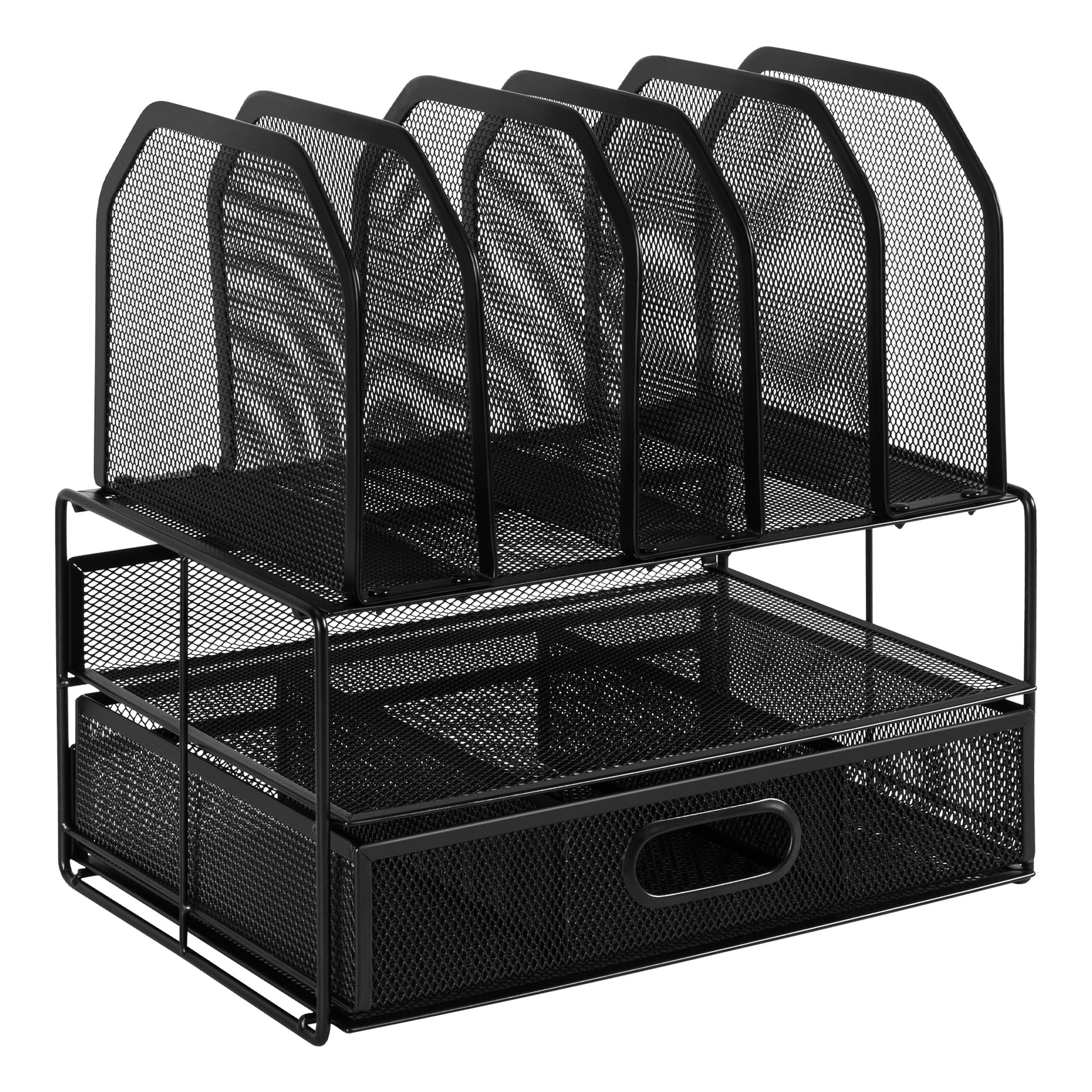 Amazon Basics Mesh Desk Organizer with Sliding Drawer, Double Tray and 5 Upright Sections, File