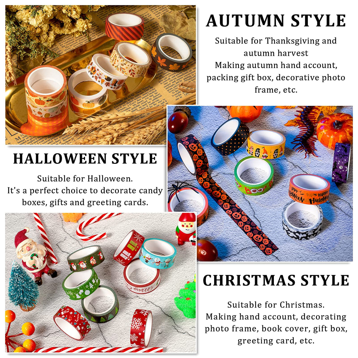 Whaline 24 Rolls Fall Halloween Christmas Washi Tape 3 Holidays Masking Tape Leaves Pumpkin Ghost