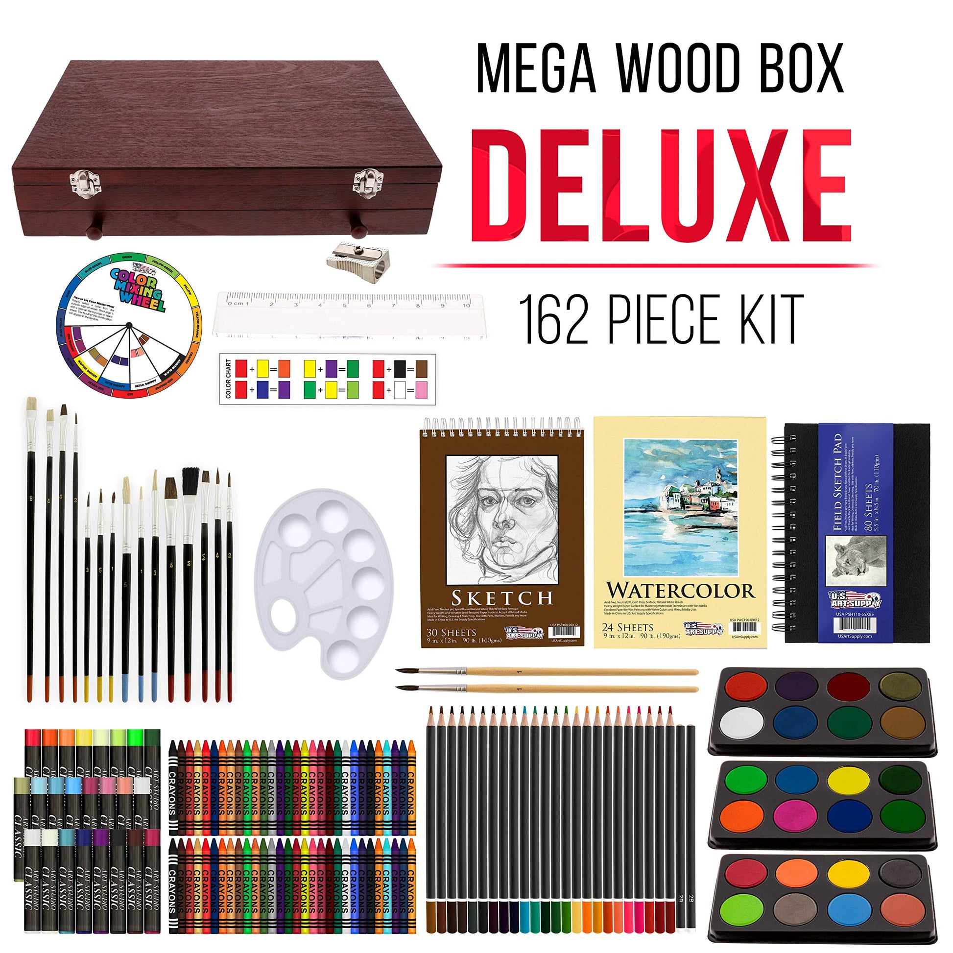 U.S. Art Supply 162-Piece Mega Wood Box Artist Kit for Painting, Drawing