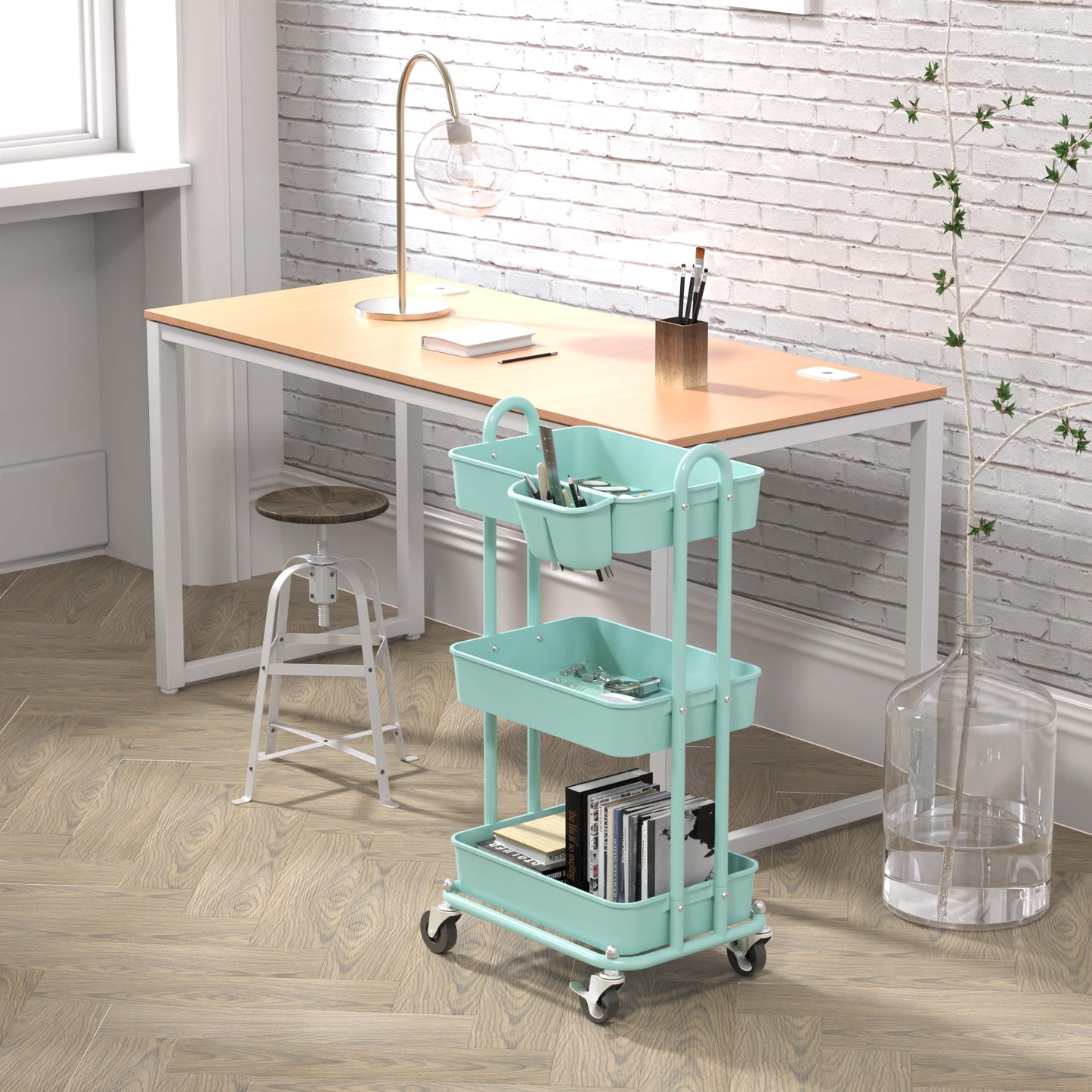 Simple Houseware 3-Tier Rolling Utility Cart with Hanging Bucket, Turquoise